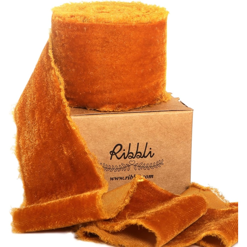 Ribbli Light Champagne Velvet Ribbon 2 Inch Handmade Frayed Vintage Christmas Ribbon for Gift Wrapping Christmas Tree Ornament Wreath Craft Home Decor-3 Yards(Burnt Orange)