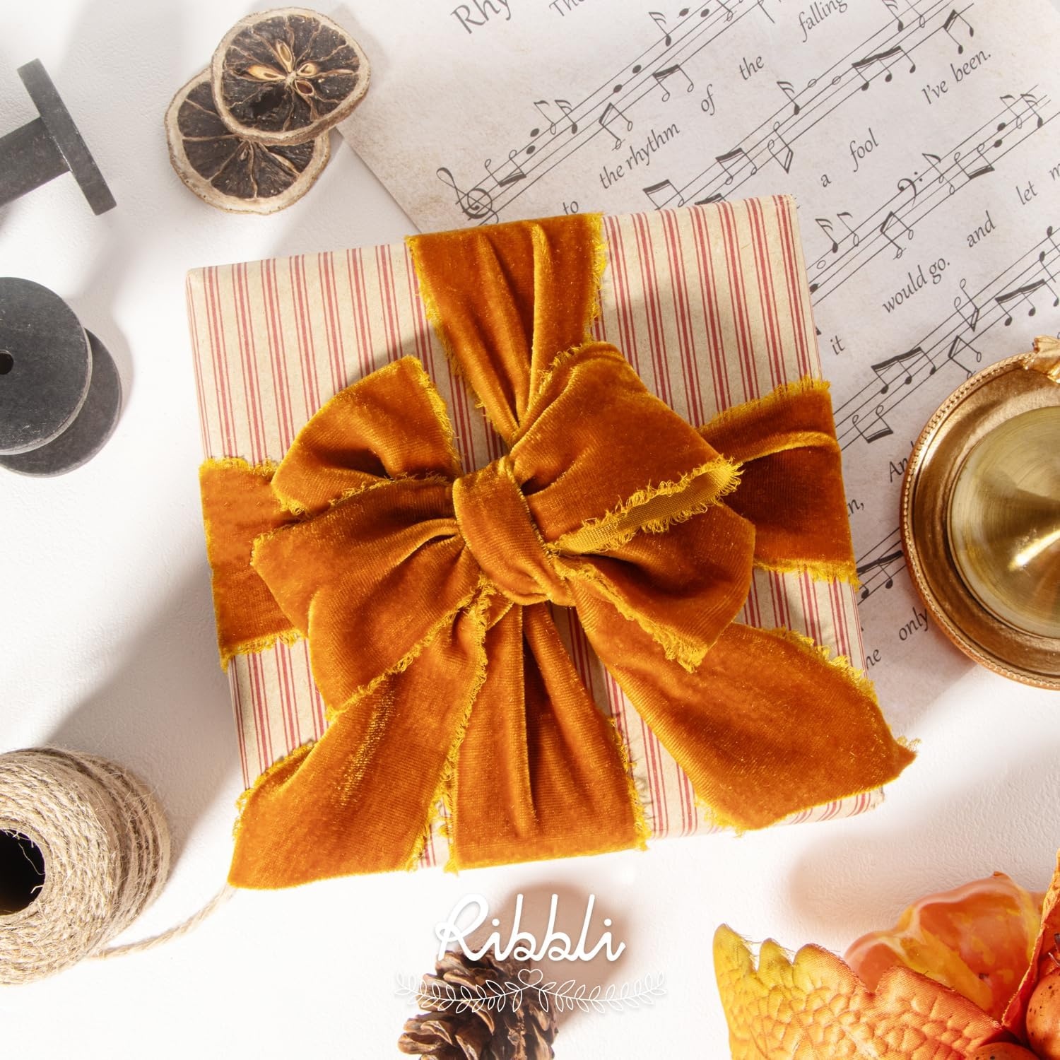 Ribbli Light Champagne Velvet Ribbon 2 Inch Handmade Frayed Vintage Christmas Ribbon for Gift Wrapping Christmas Tree Ornament Wreath Craft Home Decor-3 Yards(Burnt Orange)