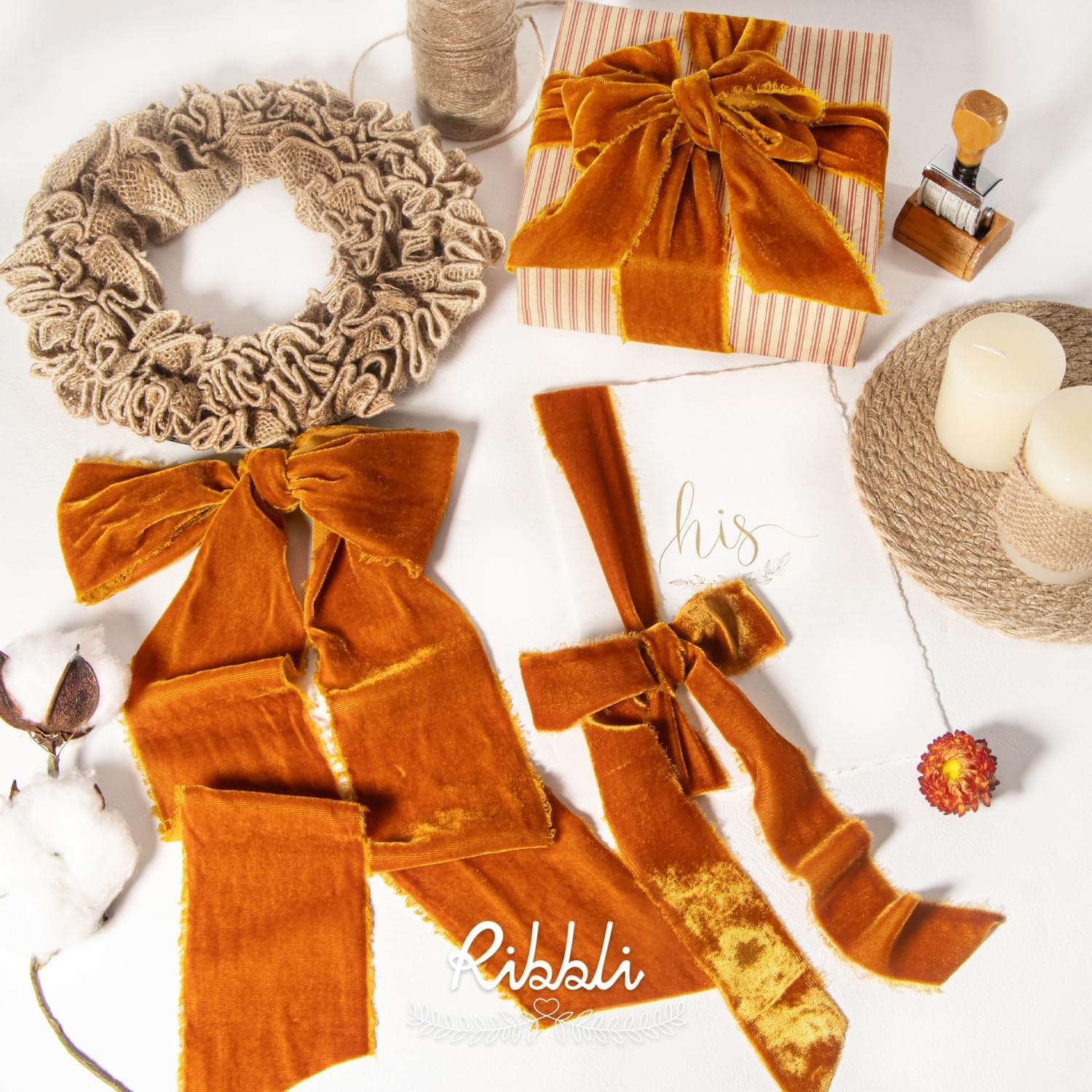 Ribbli Light Champagne Velvet Ribbon 2 Inch Handmade Frayed Vintage Christmas Ribbon for Gift Wrapping Christmas Tree Ornament Wreath Craft Home Decor-3 Yards(Burnt Orange)