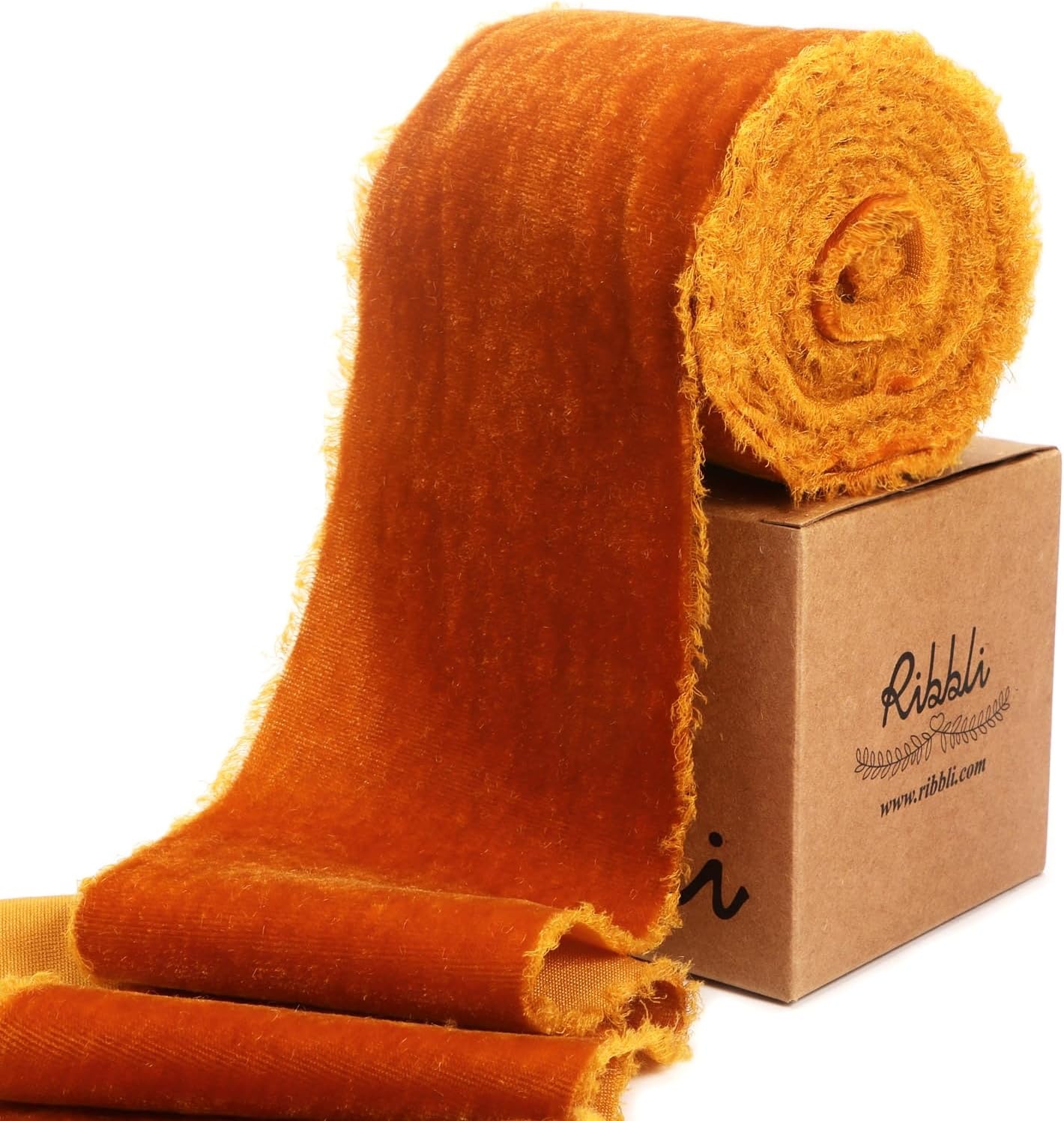 Ribbli Light Champagne Velvet Ribbon 2 Inch Handmade Frayed Vintage Christmas Ribbon for Gift Wrapping Christmas Tree Ornament Wreath Craft Home Decor-3 Yards(Burnt Orange)