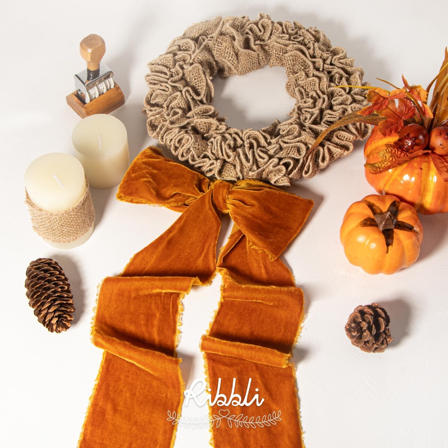 Ribbli Light Champagne Velvet Ribbon 2 Inch Handmade Frayed Vintage Christmas Ribbon for Gift Wrapping Christmas Tree Ornament Wreath Craft Home Decor-3 Yards(Burnt Orange)