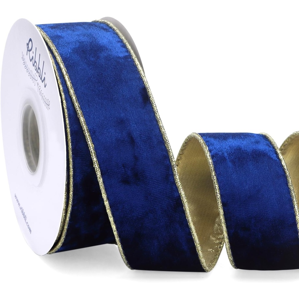 Ribbli Black Velvet Wired Ribbon 2.5 Inch Metallic Black Gold Crushed Velvet Christmas Ribbon for Gift Wrapping Christmas Tree Decoration Crafts Wreaths Supplies-Continuous 10 Yards(Royal Blue)