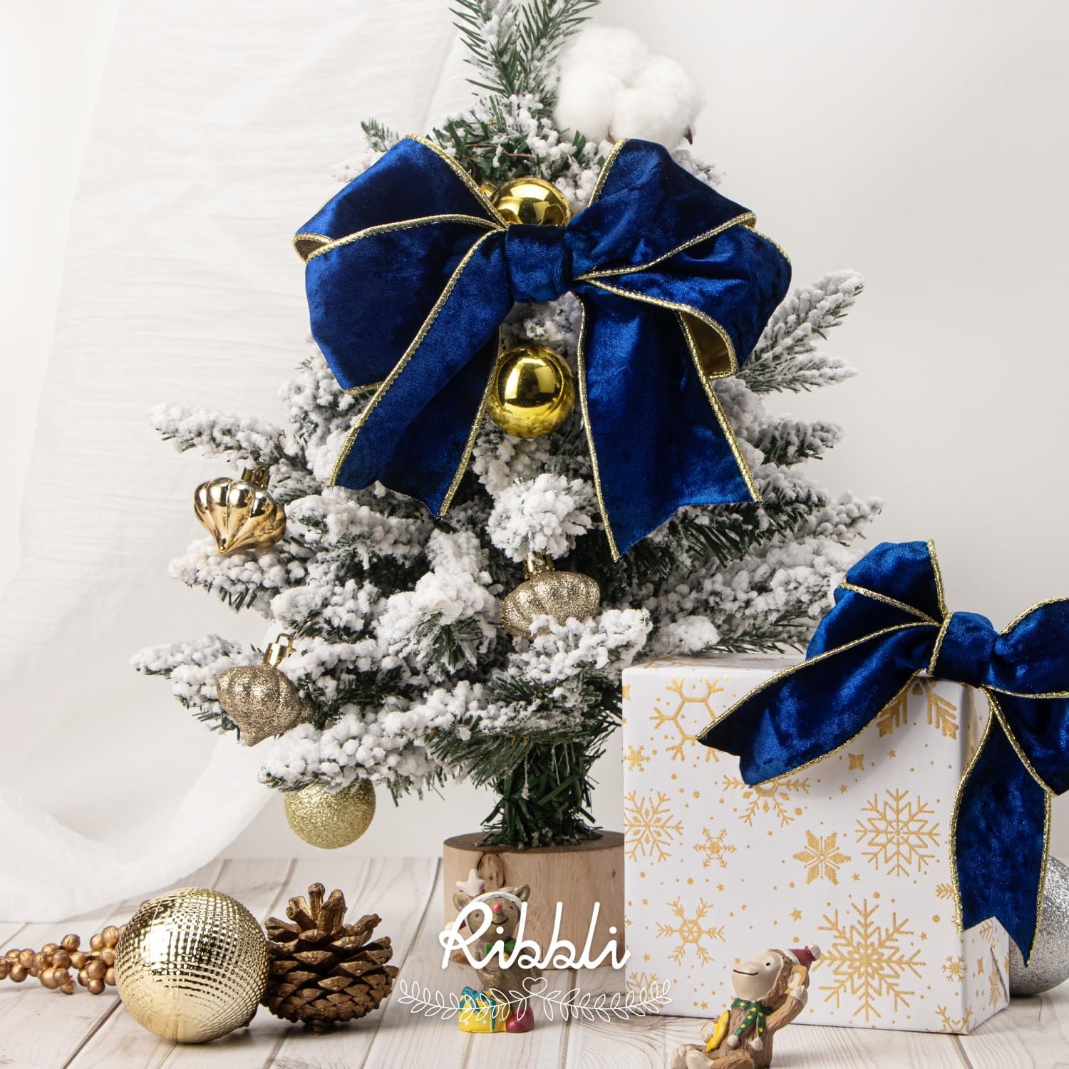 Ribbli Black Velvet Wired Ribbon 2.5 Inch Metallic Black Gold Crushed Velvet Christmas Ribbon for Gift Wrapping Christmas Tree Decoration Crafts Wreaths Supplies-Continuous 10 Yards(Royal Blue)