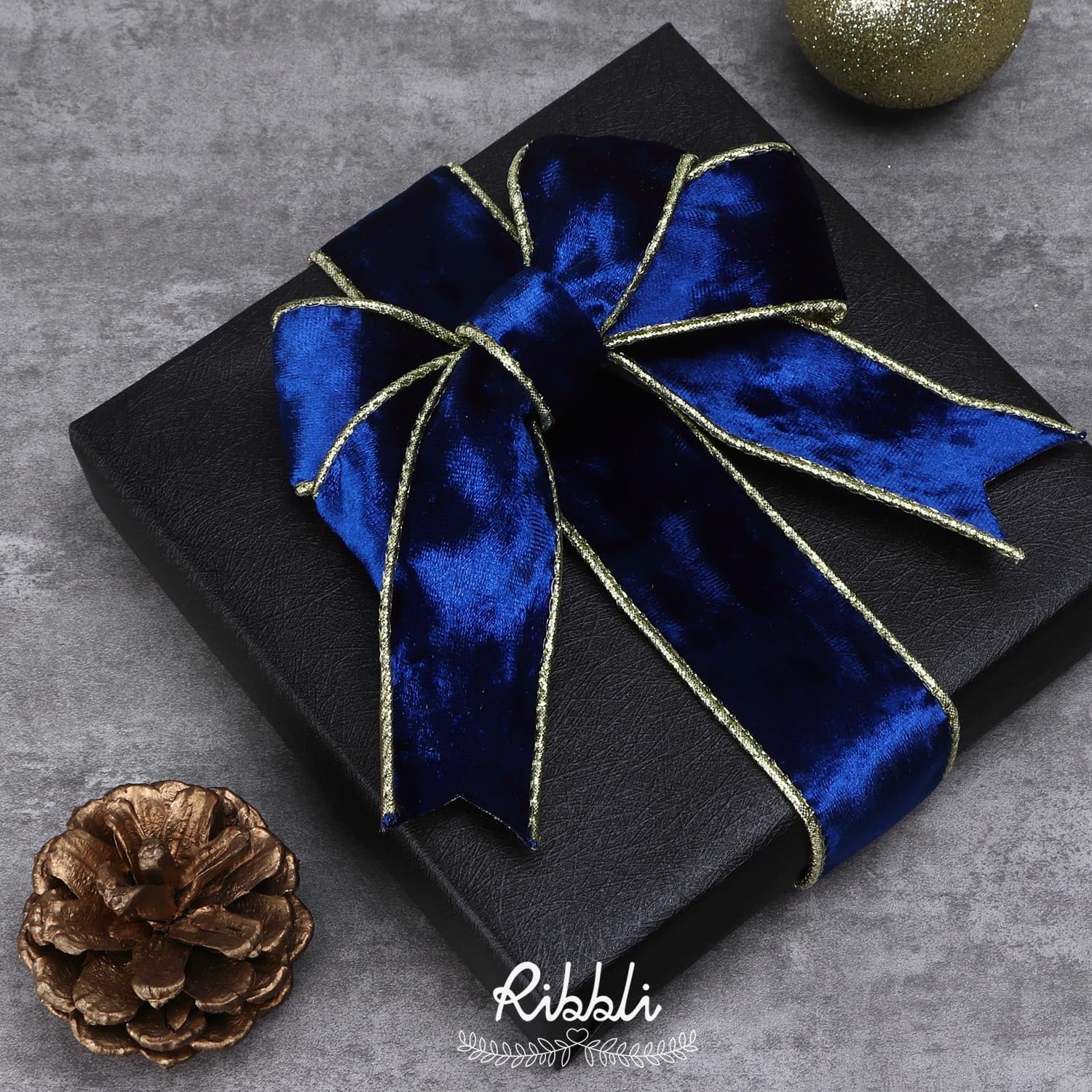 Ribbli Black Velvet Wired Ribbon 2.5 Inch Metallic Black Gold Crushed Velvet Christmas Ribbon for Gift Wrapping Christmas Tree Decoration Crafts Wreaths Supplies-Continuous 10 Yards(Royal Blue)