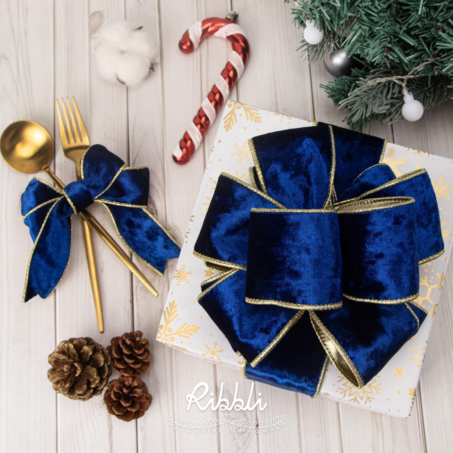 Ribbli Black Velvet Wired Ribbon 2.5 Inch Metallic Black Gold Crushed Velvet Christmas Ribbon for Gift Wrapping Christmas Tree Decoration Crafts Wreaths Supplies-Continuous 10 Yards(Royal Blue)