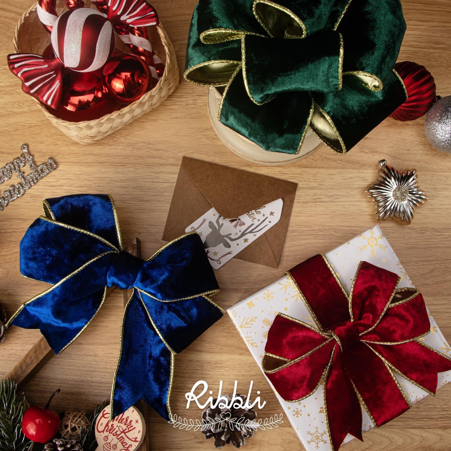 Ribbli Black Velvet Wired Ribbon 2.5 Inch Metallic Black Gold Crushed Velvet Christmas Ribbon for Gift Wrapping Christmas Tree Decoration Crafts Wreaths Supplies-Continuous 10 Yards(Royal Blue)