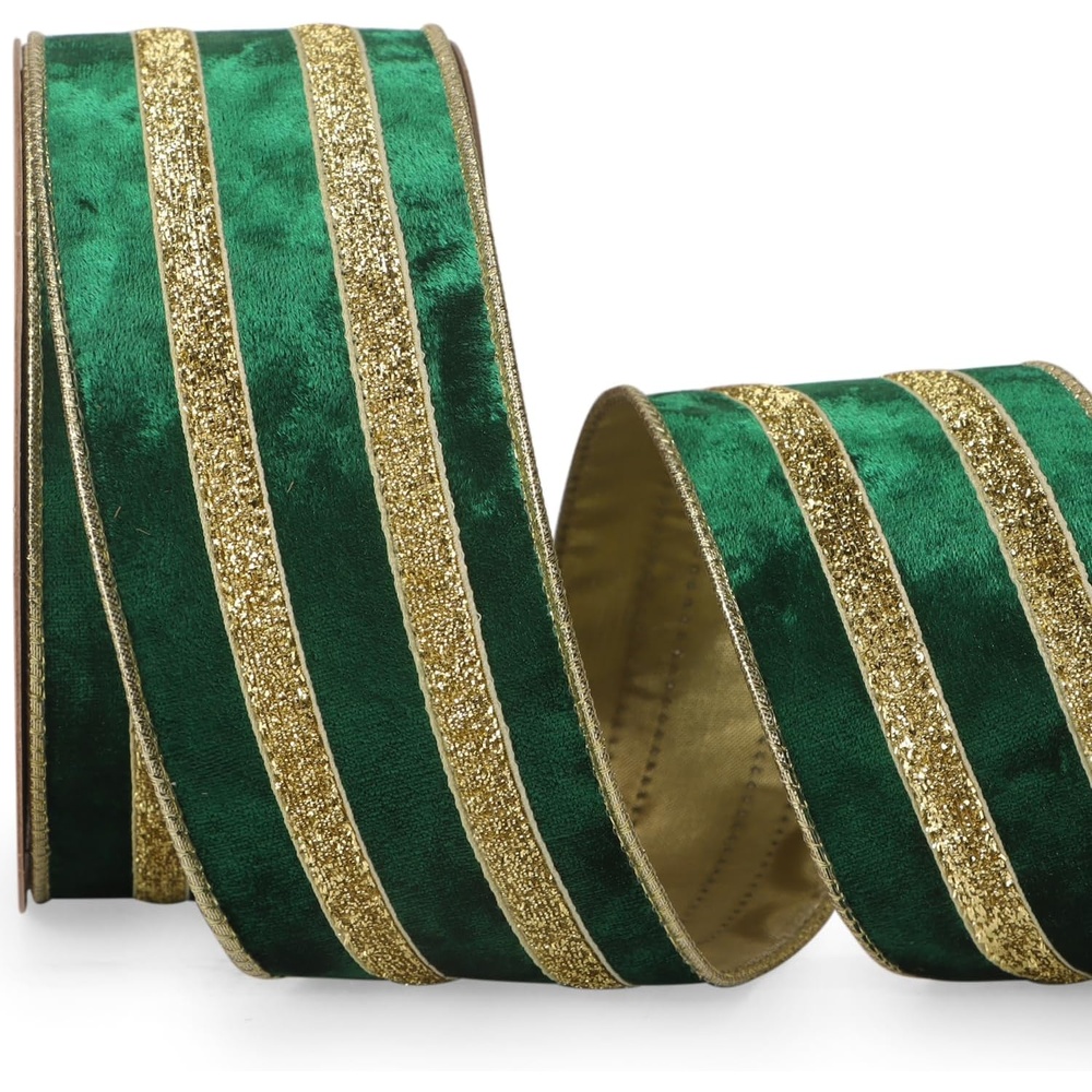 Ribbli Light Champagne Velvet Wired Ribbon with Gold Sparkling Stripe 2.5 Inch Christmas Ribbon for Tree Gift Wrapping Wreaths Garland Topper Bows Crafts Home Decor -10 Yards(Forest Green)