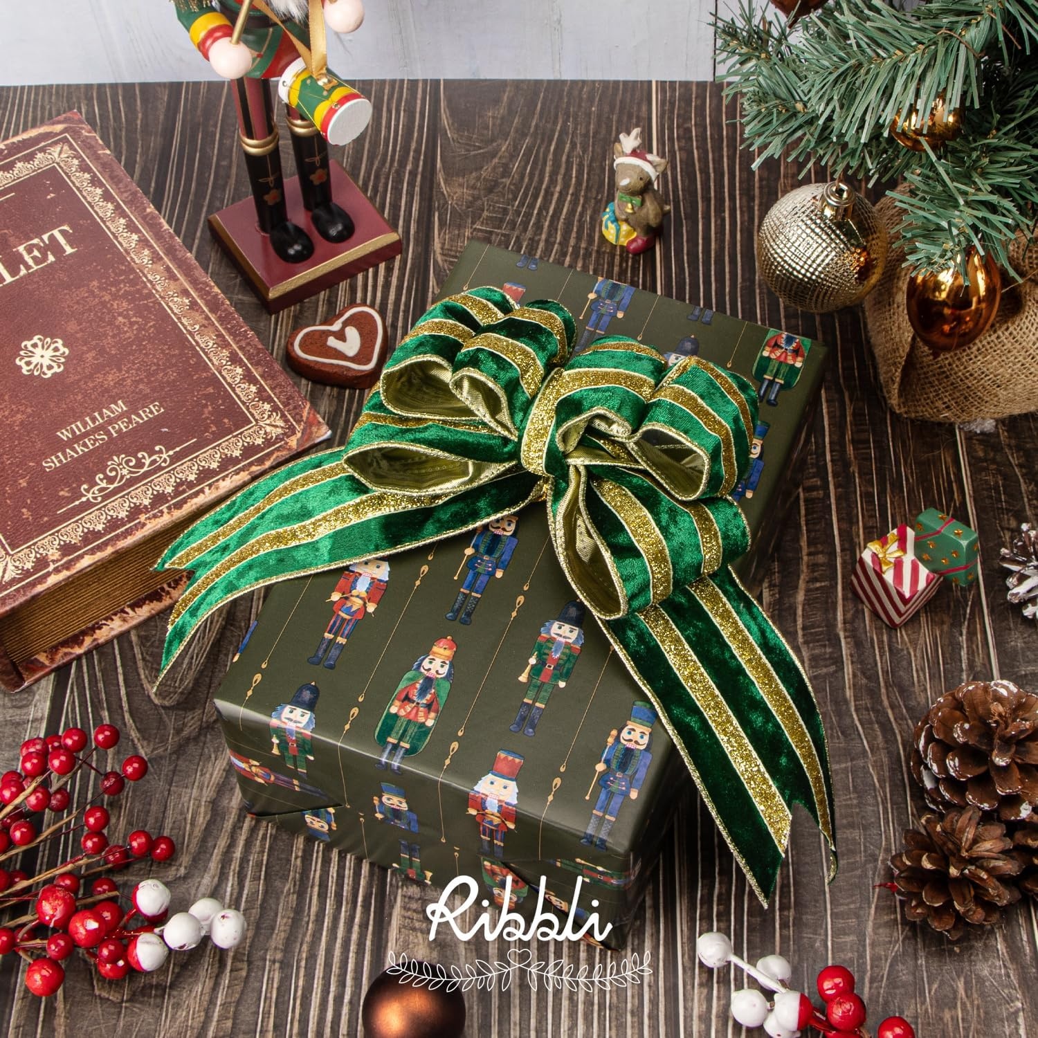 Ribbli Light Champagne Velvet Wired Ribbon with Gold Sparkling Stripe 2.5 Inch Christmas Ribbon for Tree Gift Wrapping Wreaths Garland Topper Bows Crafts Home Decor -10 Yards(Forest Green)