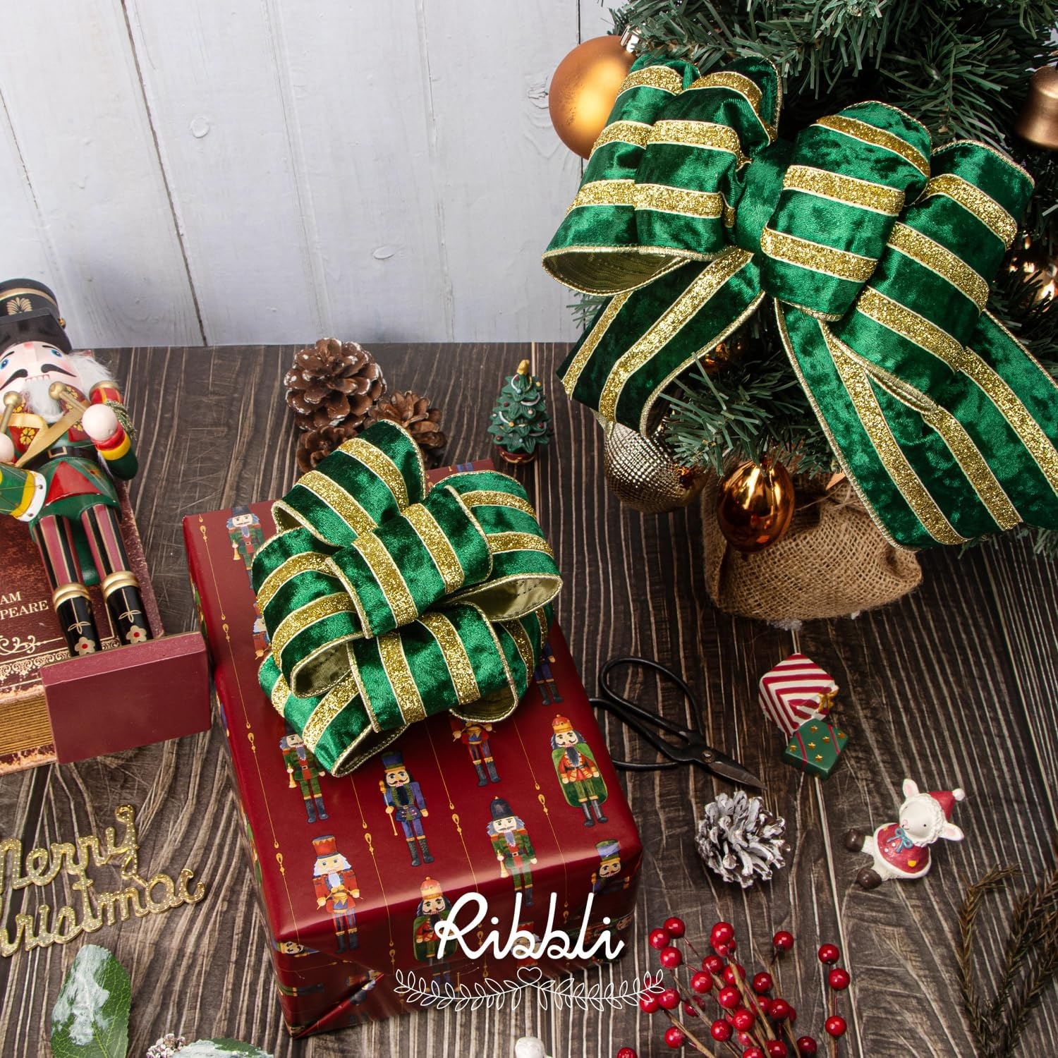 Ribbli Light Champagne Velvet Wired Ribbon with Gold Sparkling Stripe 2.5 Inch Christmas Ribbon for Tree Gift Wrapping Wreaths Garland Topper Bows Crafts Home Decor -10 Yards(Forest Green)