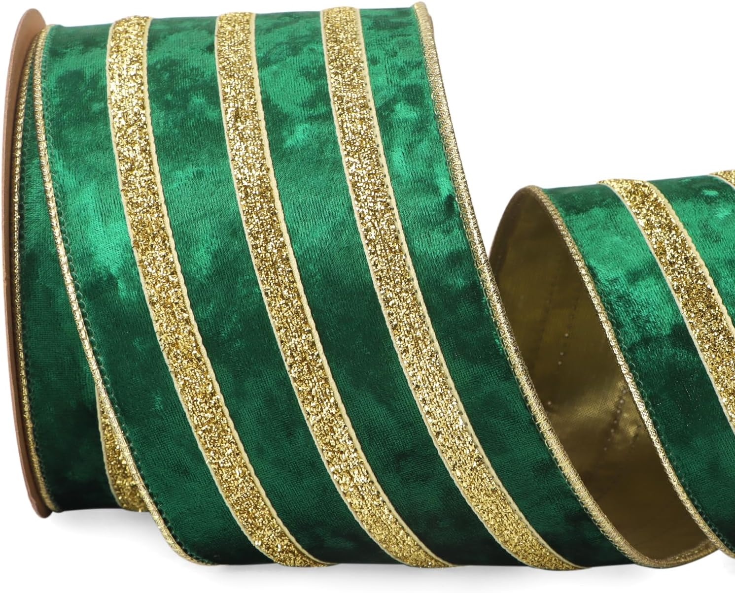 Ribbli Light Champagne Velvet Wired Ribbon with Gold Sparkling Stripe 2.5 Inch Christmas Ribbon for Tree Gift Wrapping Wreaths Garland Topper Bows Crafts Home Decor -10 Yards(Forest Green)