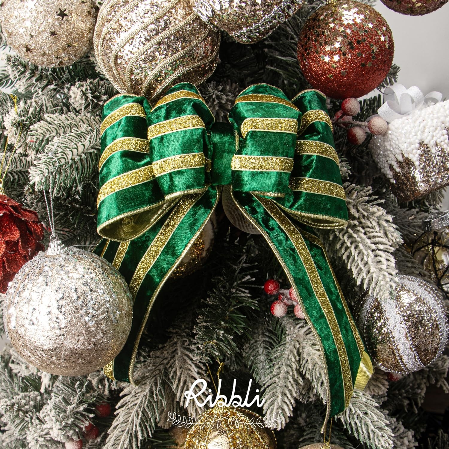 Ribbli Light Champagne Velvet Wired Ribbon with Gold Sparkling Stripe 2.5 Inch Christmas Ribbon for Tree Gift Wrapping Wreaths Garland Topper Bows Crafts Home Decor -10 Yards(Forest Green)