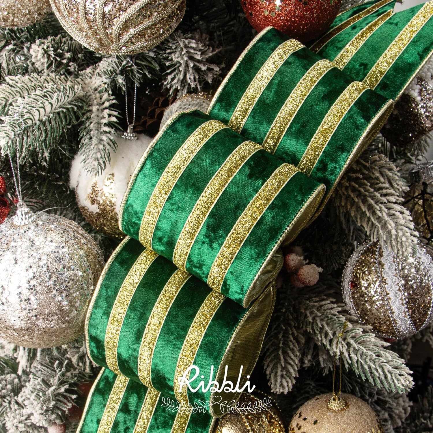 Ribbli Light Champagne Velvet Wired Ribbon with Gold Sparkling Stripe 2.5 Inch Christmas Ribbon for Tree Gift Wrapping Wreaths Garland Topper Bows Crafts Home Decor -10 Yards(Forest Green)