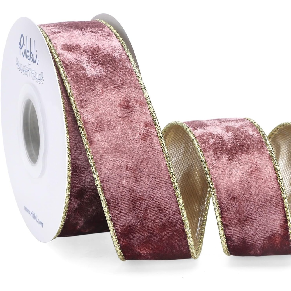 Ribbli Black Velvet Wired Ribbon 2.5 Inch Metallic Black Gold Crushed Velvet Christmas Ribbon for Gift Wrapping Christmas Tree Decoration Crafts Wreaths Supplies-Continuous 10 Yards(Rose Gold)