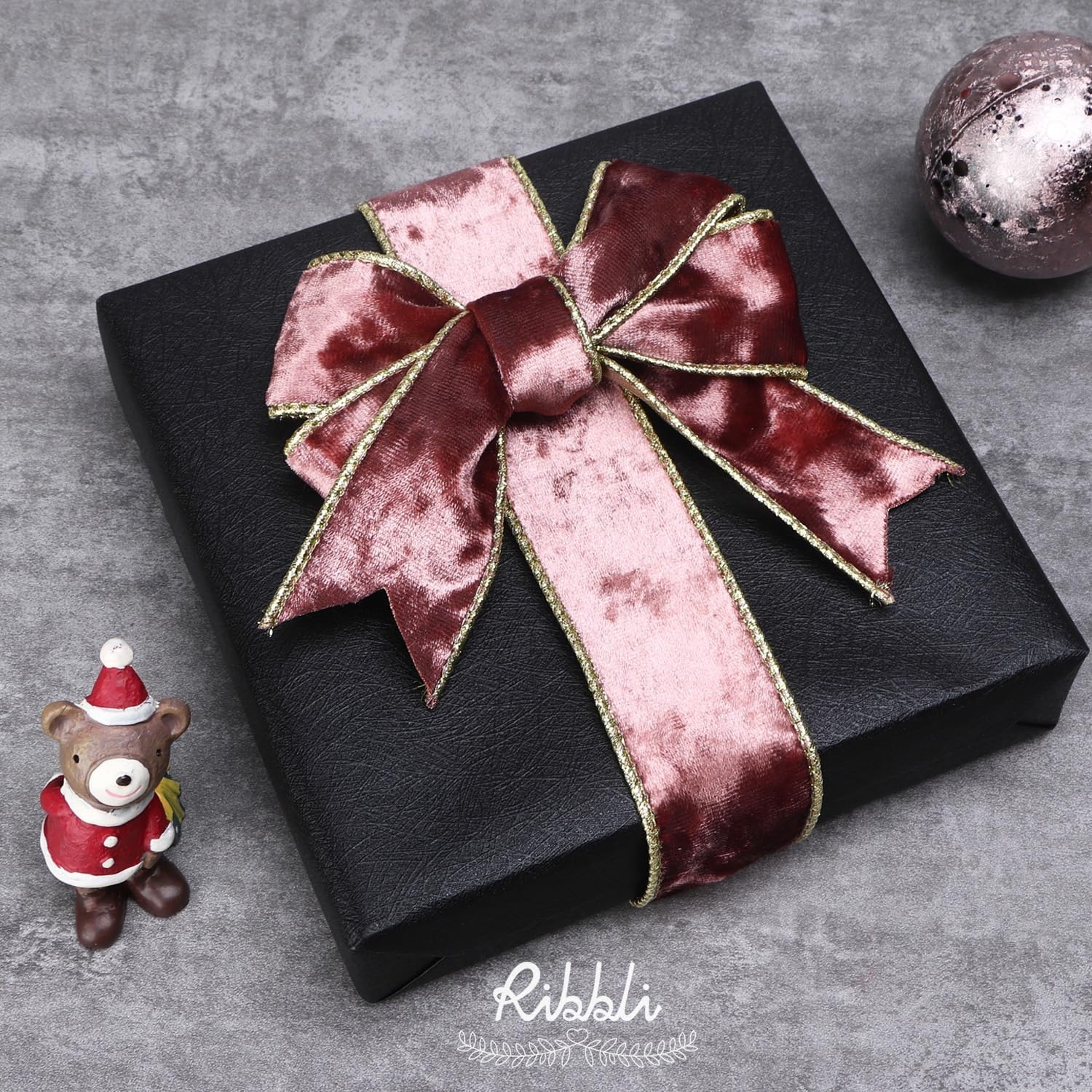 Ribbli Black Velvet Wired Ribbon 2.5 Inch Metallic Black Gold Crushed Velvet Christmas Ribbon for Gift Wrapping Christmas Tree Decoration Crafts Wreaths Supplies-Continuous 10 Yards(Rose Gold)