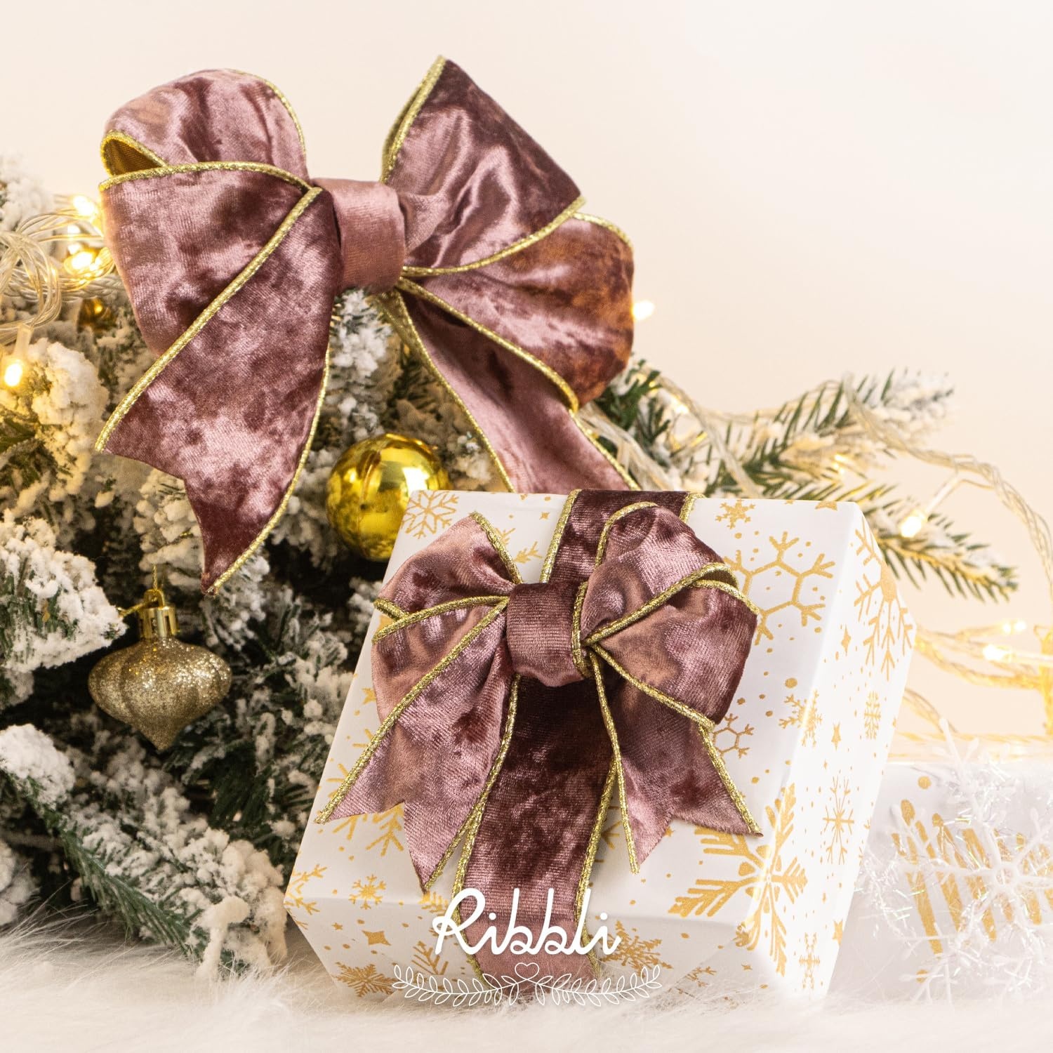 Ribbli Black Velvet Wired Ribbon 2.5 Inch Metallic Black Gold Crushed Velvet Christmas Ribbon for Gift Wrapping Christmas Tree Decoration Crafts Wreaths Supplies-Continuous 10 Yards(Rose Gold)