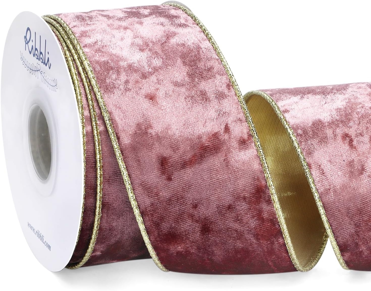 Ribbli Black Velvet Wired Ribbon 2.5 Inch Metallic Black Gold Crushed Velvet Christmas Ribbon for Gift Wrapping Christmas Tree Decoration Crafts Wreaths Supplies-Continuous 10 Yards(Rose Gold)