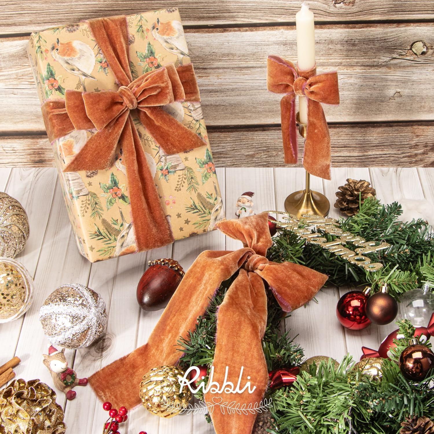 Ribbli Light Champagne Velvet Ribbon 2 Inch Handmade Frayed Vintage Christmas Ribbon for Gift Wrapping Christmas Tree Ornament Wreath Craft Home Decor-3 Yards(Cinnamon)