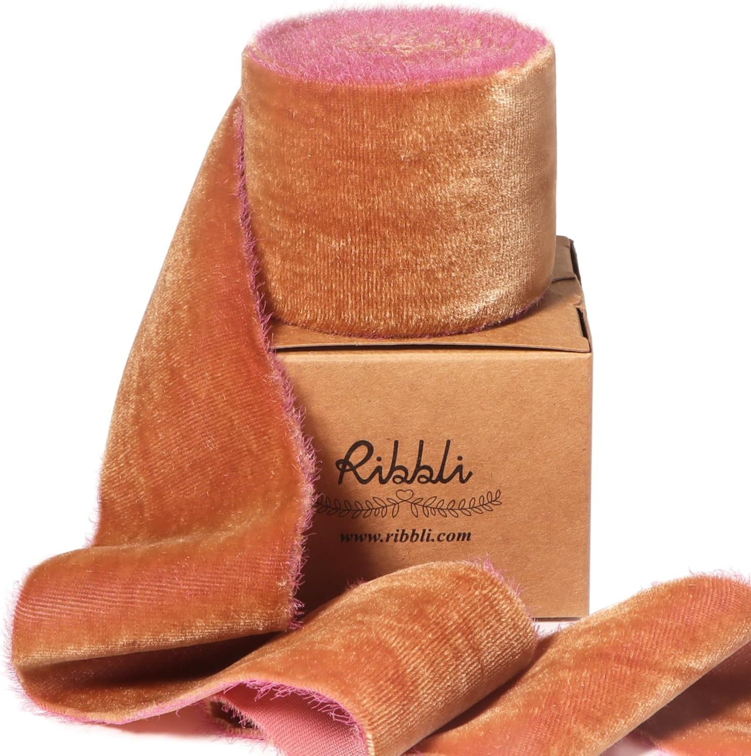 Ribbli Light Champagne Velvet Ribbon 2 Inch Handmade Frayed Vintage Christmas Ribbon for Gift Wrapping Christmas Tree Ornament Wreath Craft Home Decor-3 Yards(Cinnamon)