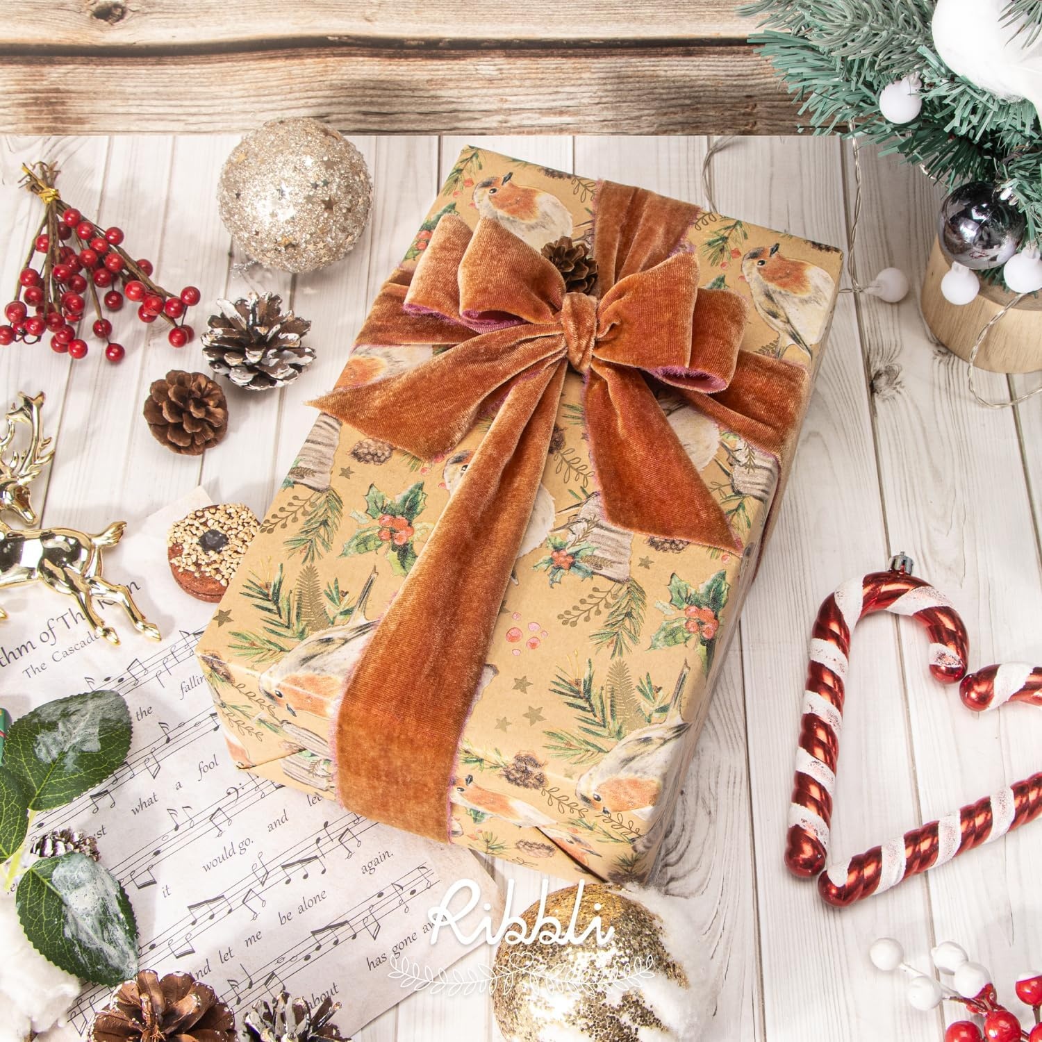 Ribbli Light Champagne Velvet Ribbon 2 Inch Handmade Frayed Vintage Christmas Ribbon for Gift Wrapping Christmas Tree Ornament Wreath Craft Home Decor-3 Yards(Cinnamon)