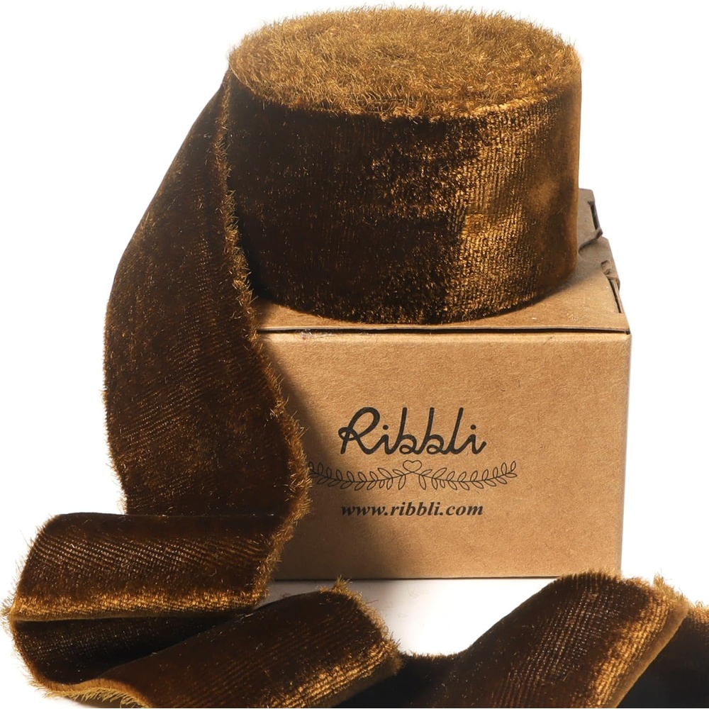 Ribbli Light Champagne Velvet Ribbon 2 Inch Handmade Frayed Vintage Christmas Ribbon for Gift Wrapping Christmas Tree Ornament Wreath Craft Home Decor-3 Yards(Brown)