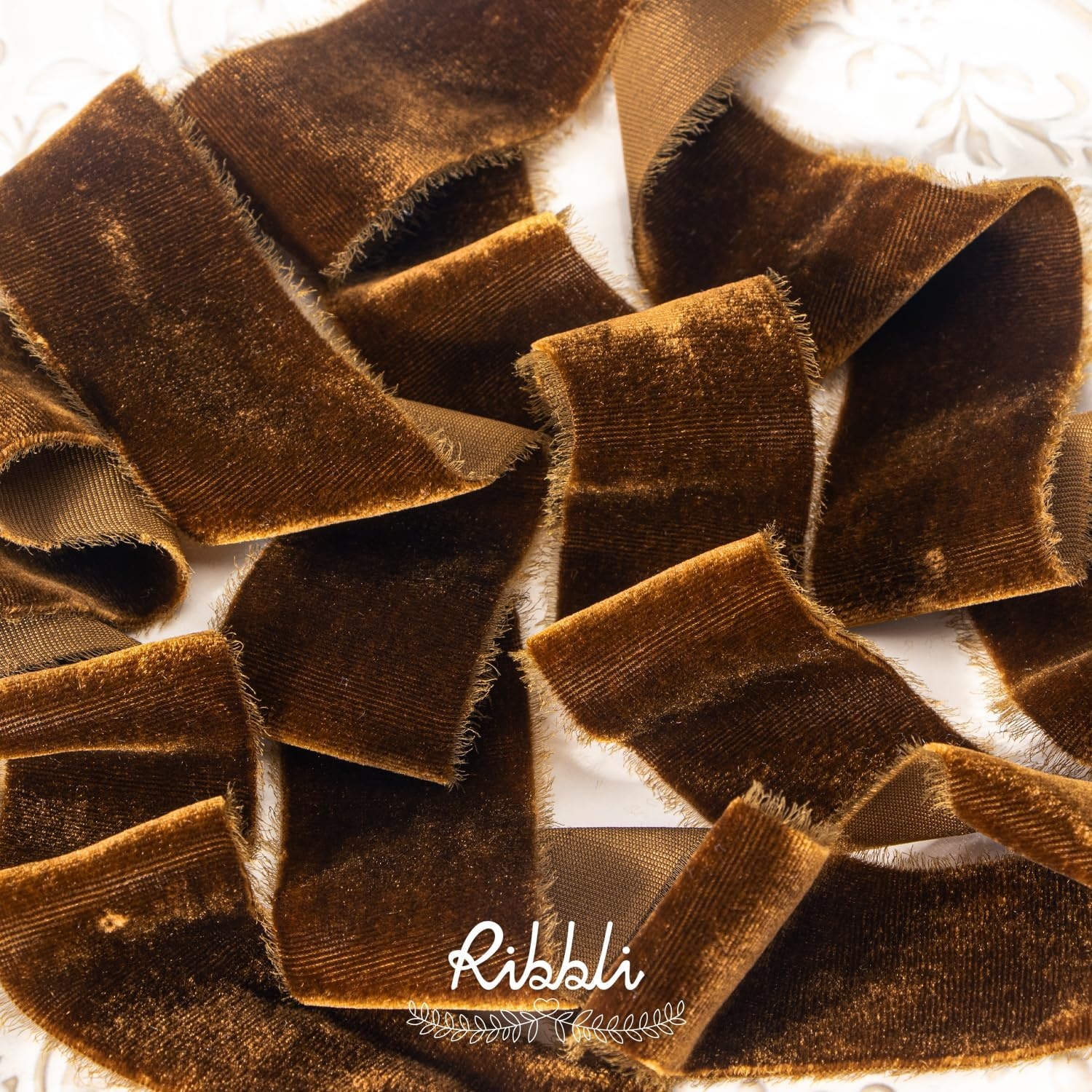 Ribbli Light Champagne Velvet Ribbon 2 Inch Handmade Frayed Vintage Christmas Ribbon for Gift Wrapping Christmas Tree Ornament Wreath Craft Home Decor-3 Yards(Brown)