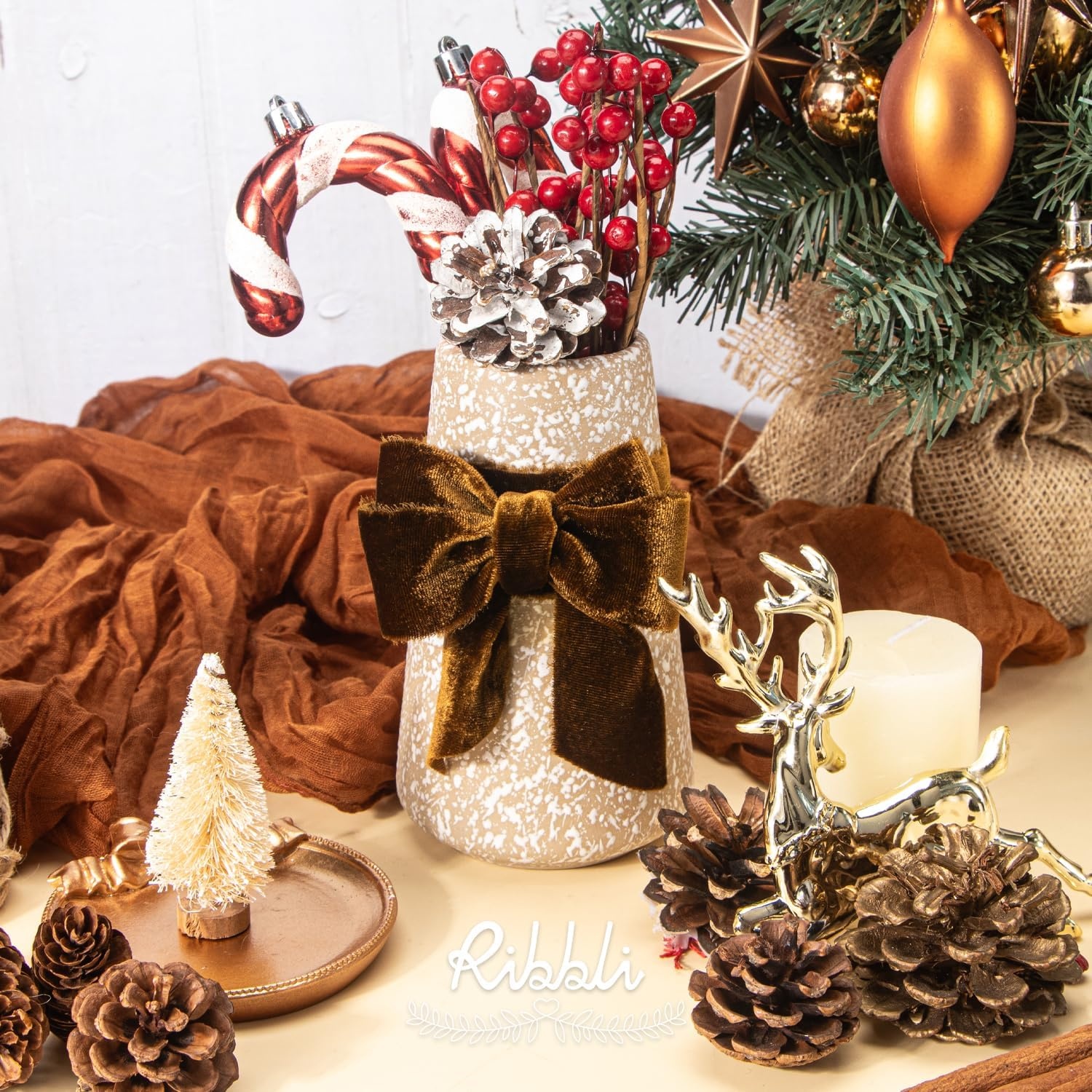 Ribbli Light Champagne Velvet Ribbon 2 Inch Handmade Frayed Vintage Christmas Ribbon for Gift Wrapping Christmas Tree Ornament Wreath Craft Home Decor-3 Yards(Brown)