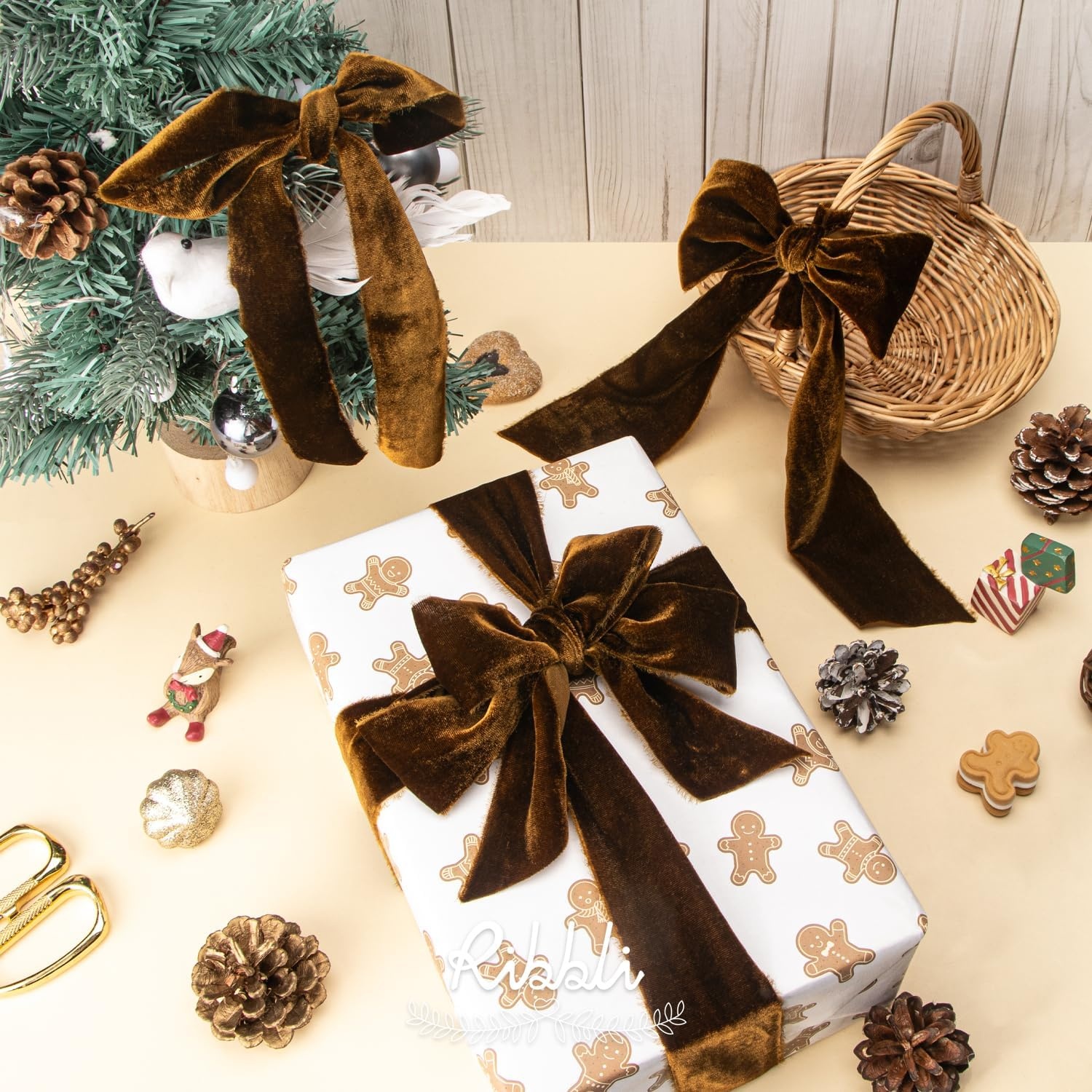 Ribbli Light Champagne Velvet Ribbon 2 Inch Handmade Frayed Vintage Christmas Ribbon for Gift Wrapping Christmas Tree Ornament Wreath Craft Home Decor-3 Yards(Brown)