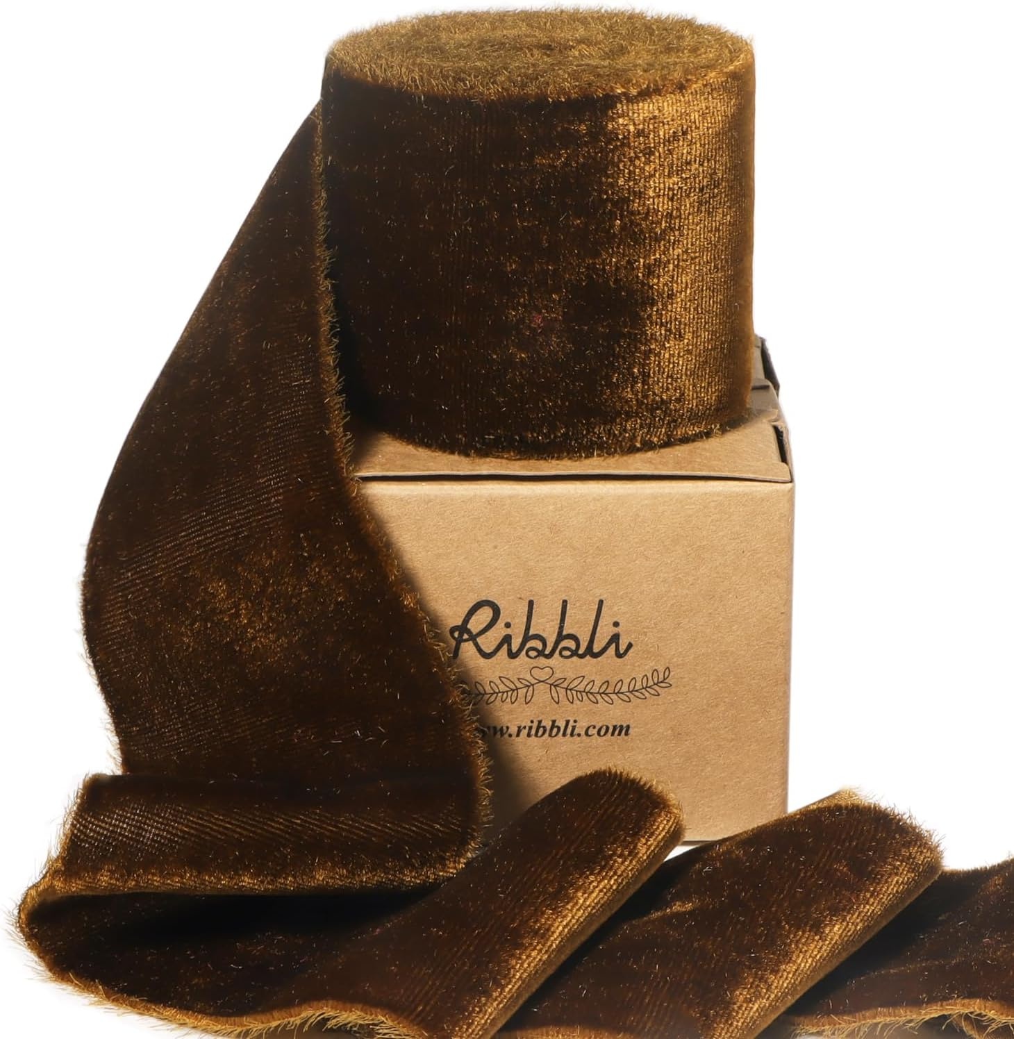 Ribbli Light Champagne Velvet Ribbon 2 Inch Handmade Frayed Vintage Christmas Ribbon for Gift Wrapping Christmas Tree Ornament Wreath Craft Home Decor-3 Yards(Brown)