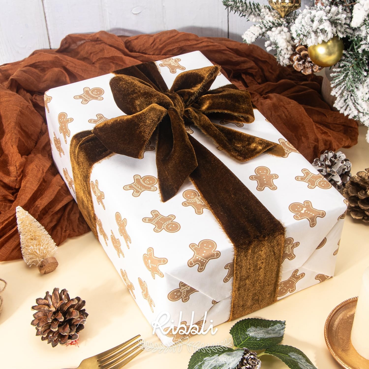 Ribbli Light Champagne Velvet Ribbon 2 Inch Handmade Frayed Vintage Christmas Ribbon for Gift Wrapping Christmas Tree Ornament Wreath Craft Home Decor-3 Yards(Brown)