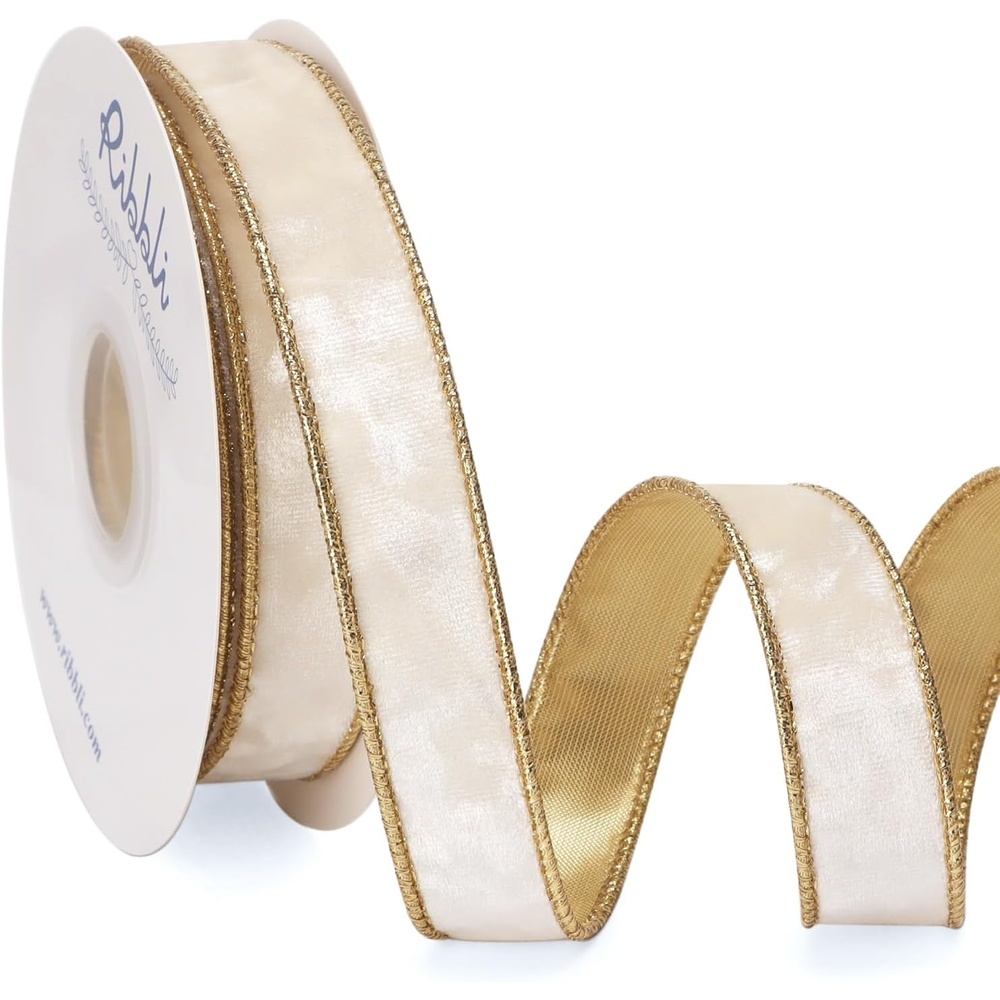 Ribbli Black Velvet Wired Ribbon 2.5 Inch Metallic Black Gold Crushed Velvet Christmas Ribbon for Gift Wrapping Christmas Tree Decoration Crafts Wreaths Supplies-Continuous 10 Yards(Ivory)