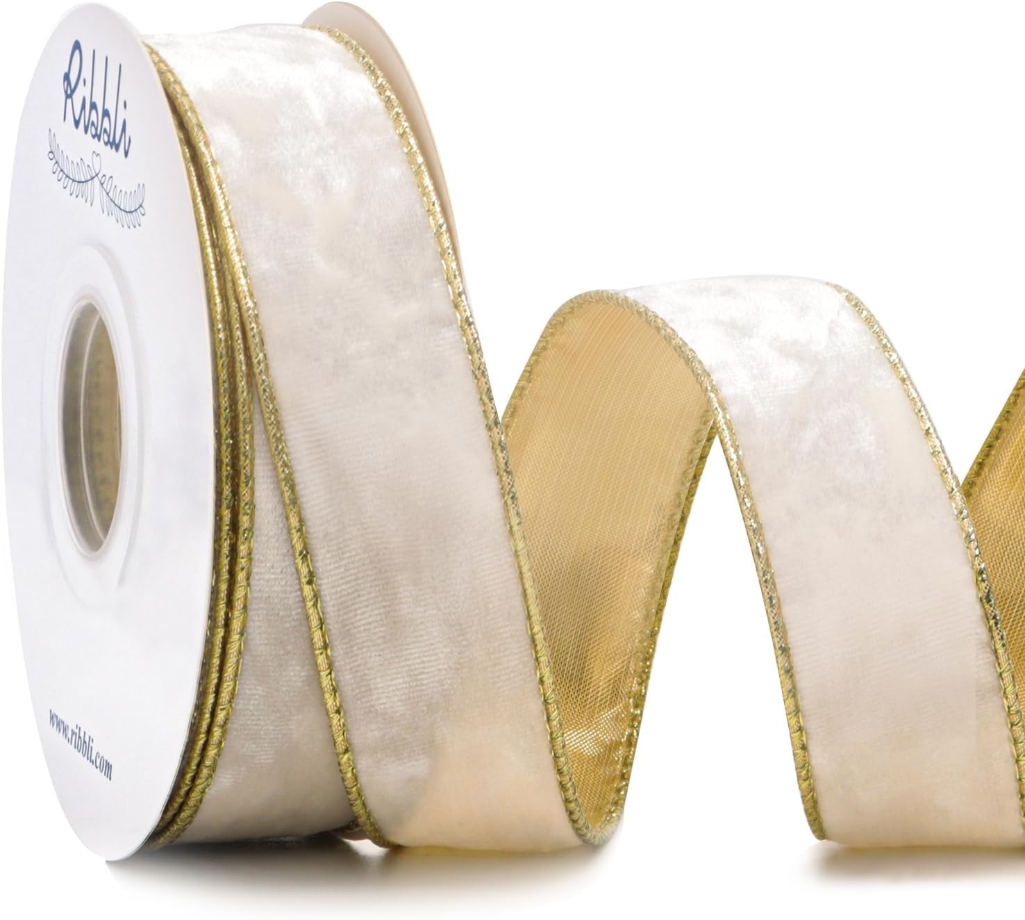 Ribbli Black Velvet Wired Ribbon 2.5 Inch Metallic Black Gold Crushed Velvet Christmas Ribbon for Gift Wrapping Christmas Tree Decoration Crafts Wreaths Supplies-Continuous 10 Yards(Ivory)