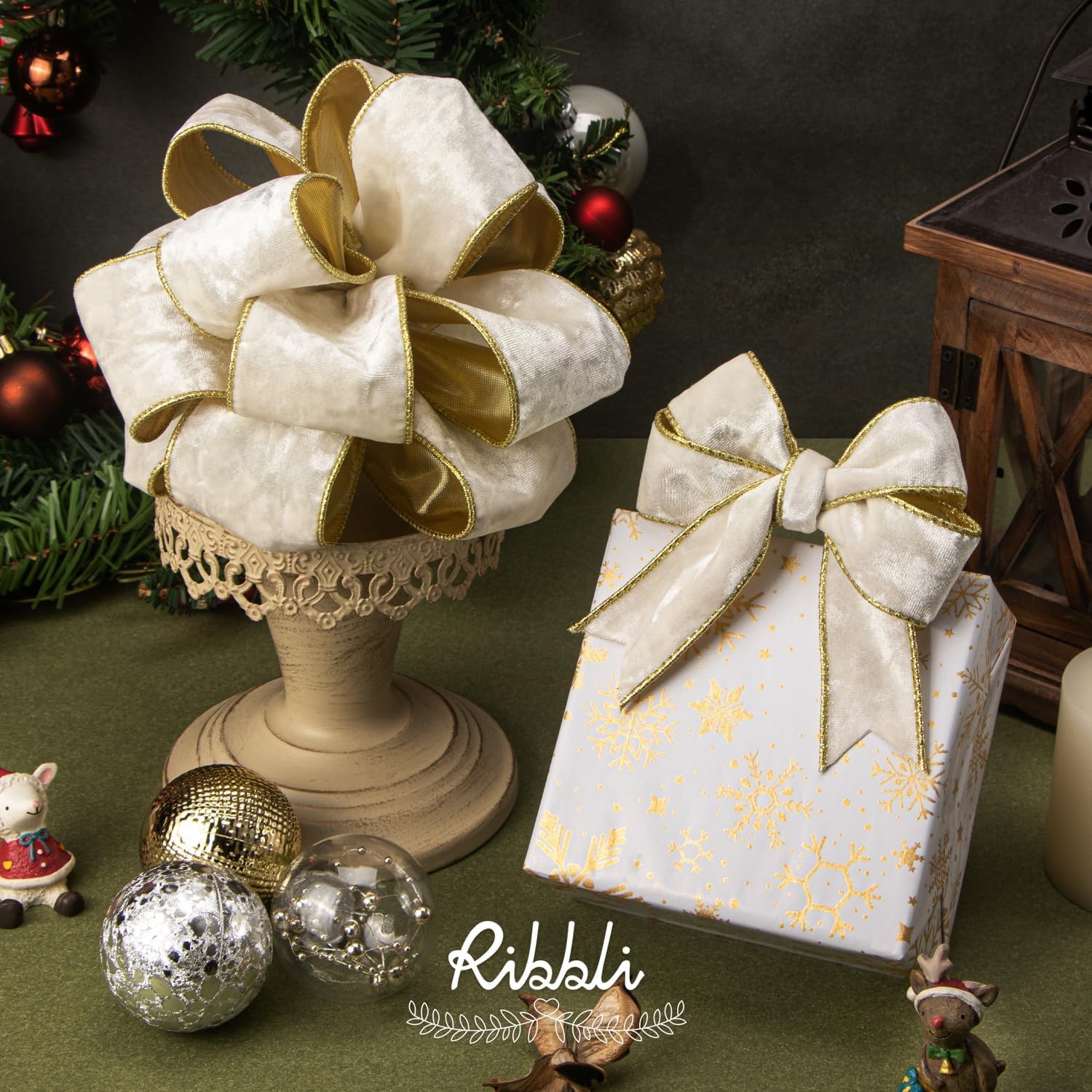 Ribbli Black Velvet Wired Ribbon 2.5 Inch Metallic Black Gold Crushed Velvet Christmas Ribbon for Gift Wrapping Christmas Tree Decoration Crafts Wreaths Supplies-Continuous 10 Yards(Ivory)