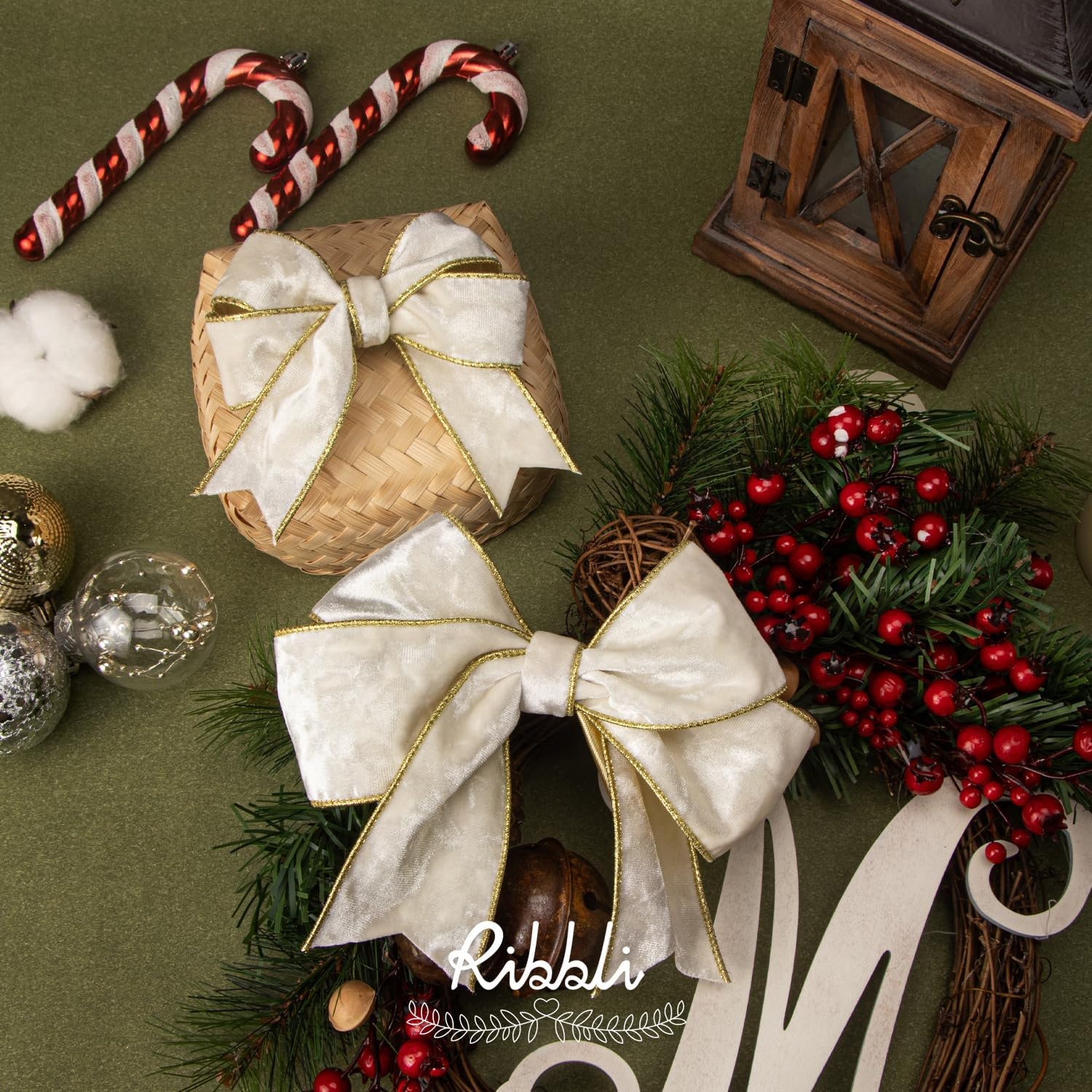 Ribbli Black Velvet Wired Ribbon 2.5 Inch Metallic Black Gold Crushed Velvet Christmas Ribbon for Gift Wrapping Christmas Tree Decoration Crafts Wreaths Supplies-Continuous 10 Yards(Ivory)