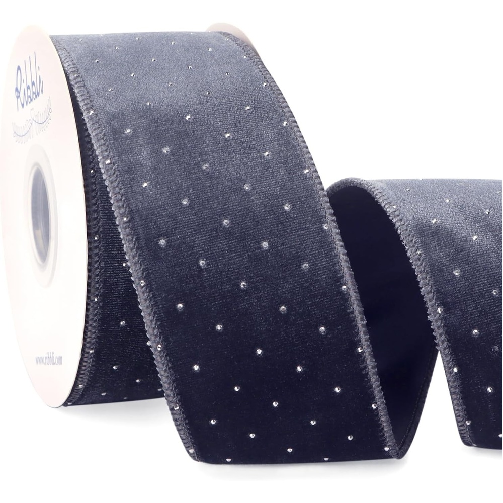 Ribbli Dusty Blue Luxury Velvet with Diamond Wired Ribbon, 2-1/2 Inch 10-Yard for Gift Wrapping Christmas Tree Decoration Crafts Wreaths Supplies(Dusty Blue)