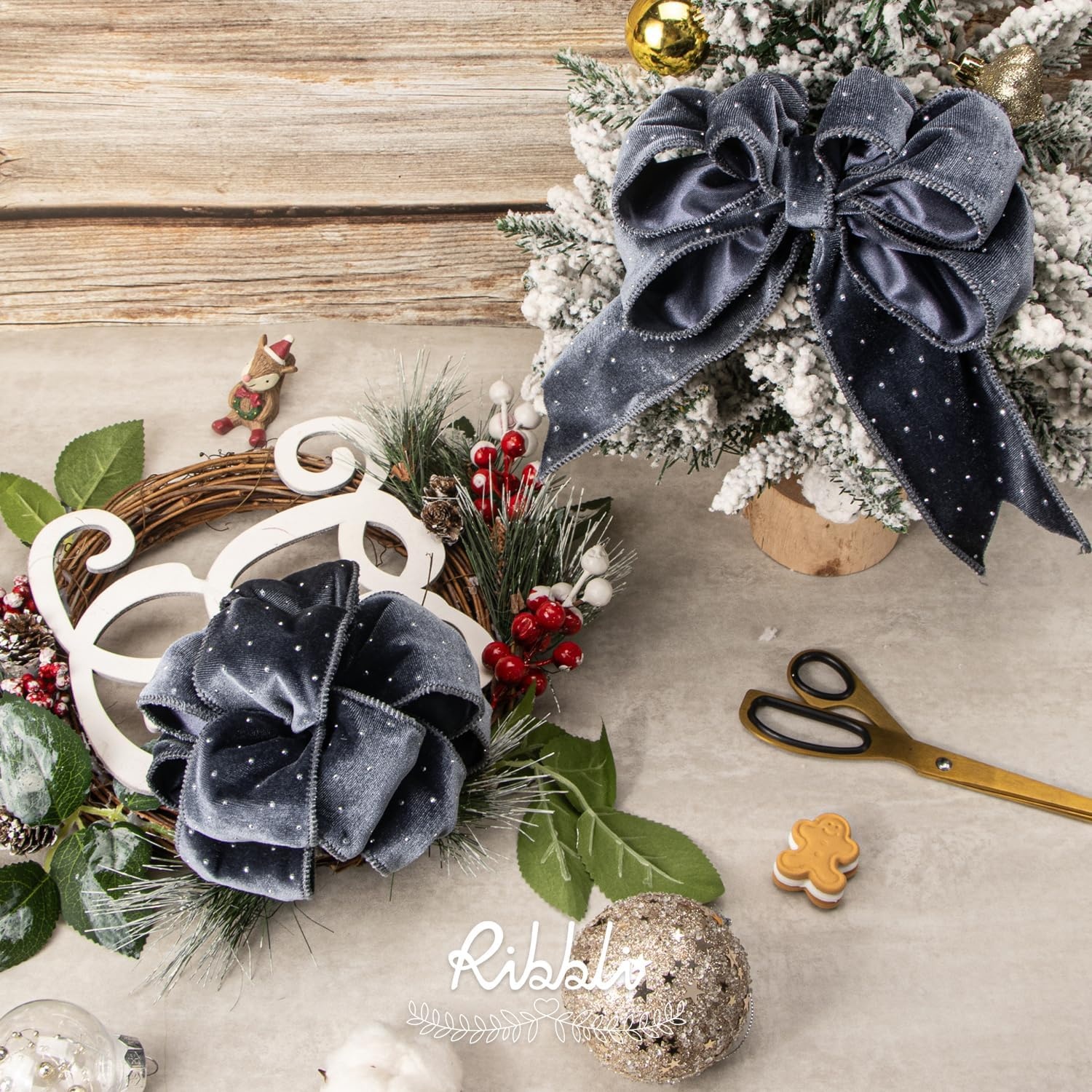 Ribbli Dusty Blue Luxury Velvet with Diamond Wired Ribbon, 2-1/2 Inch 10-Yard for Gift Wrapping Christmas Tree Decoration Crafts Wreaths Supplies(Dusty Blue)