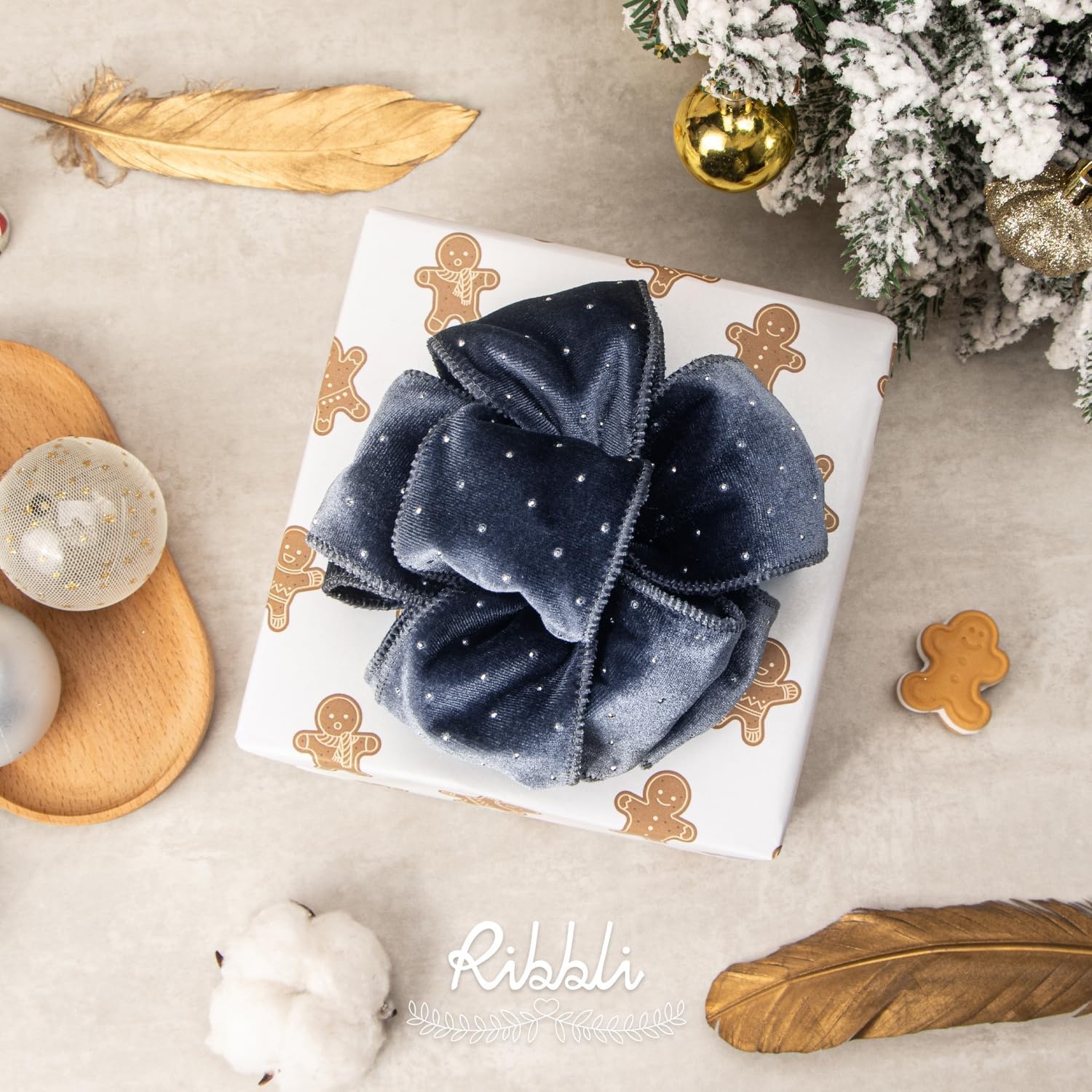 Ribbli Dusty Blue Luxury Velvet with Diamond Wired Ribbon, 2-1/2 Inch 10-Yard for Gift Wrapping Christmas Tree Decoration Crafts Wreaths Supplies(Dusty Blue)