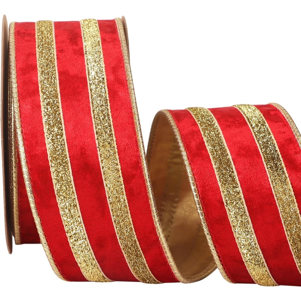 Ribbli Light Champagne Velvet Wired Ribbon with Gold Sparkling Stripe 2.5 Inch Christmas Ribbon for Tree Gift Wrapping Wreaths Garland Topper Bows Crafts Home Decor -10 Yards(Red)