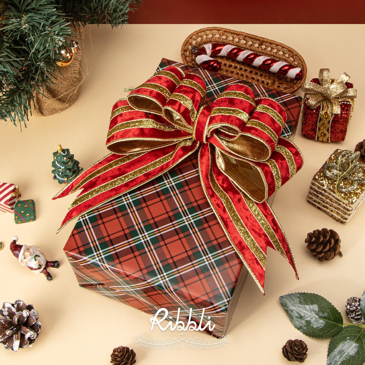 Ribbli Light Champagne Velvet Wired Ribbon with Gold Sparkling Stripe 2.5 Inch Christmas Ribbon for Tree Gift Wrapping Wreaths Garland Topper Bows Crafts Home Decor -10 Yards(Red)