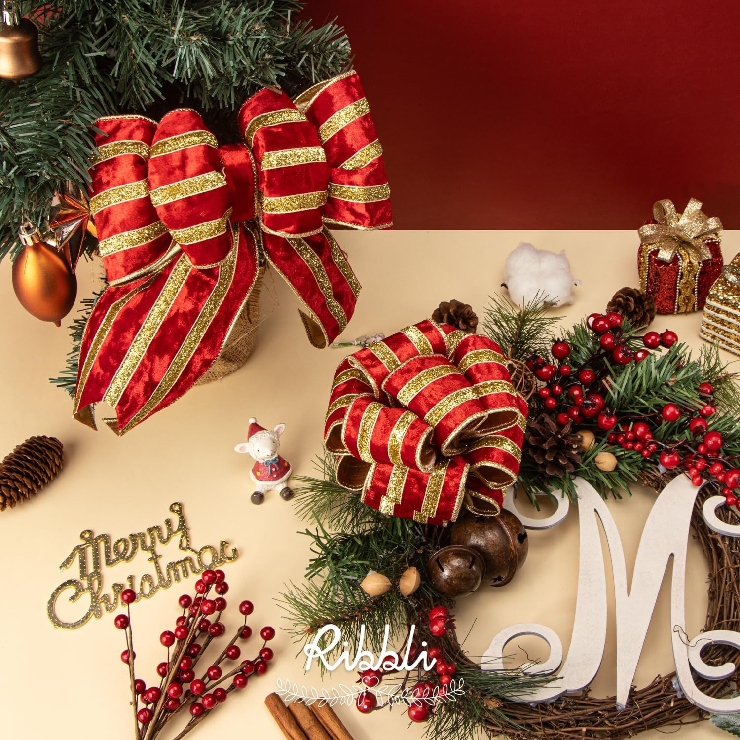 Ribbli Light Champagne Velvet Wired Ribbon with Gold Sparkling Stripe 2.5 Inch Christmas Ribbon for Tree Gift Wrapping Wreaths Garland Topper Bows Crafts Home Decor -10 Yards(Red)