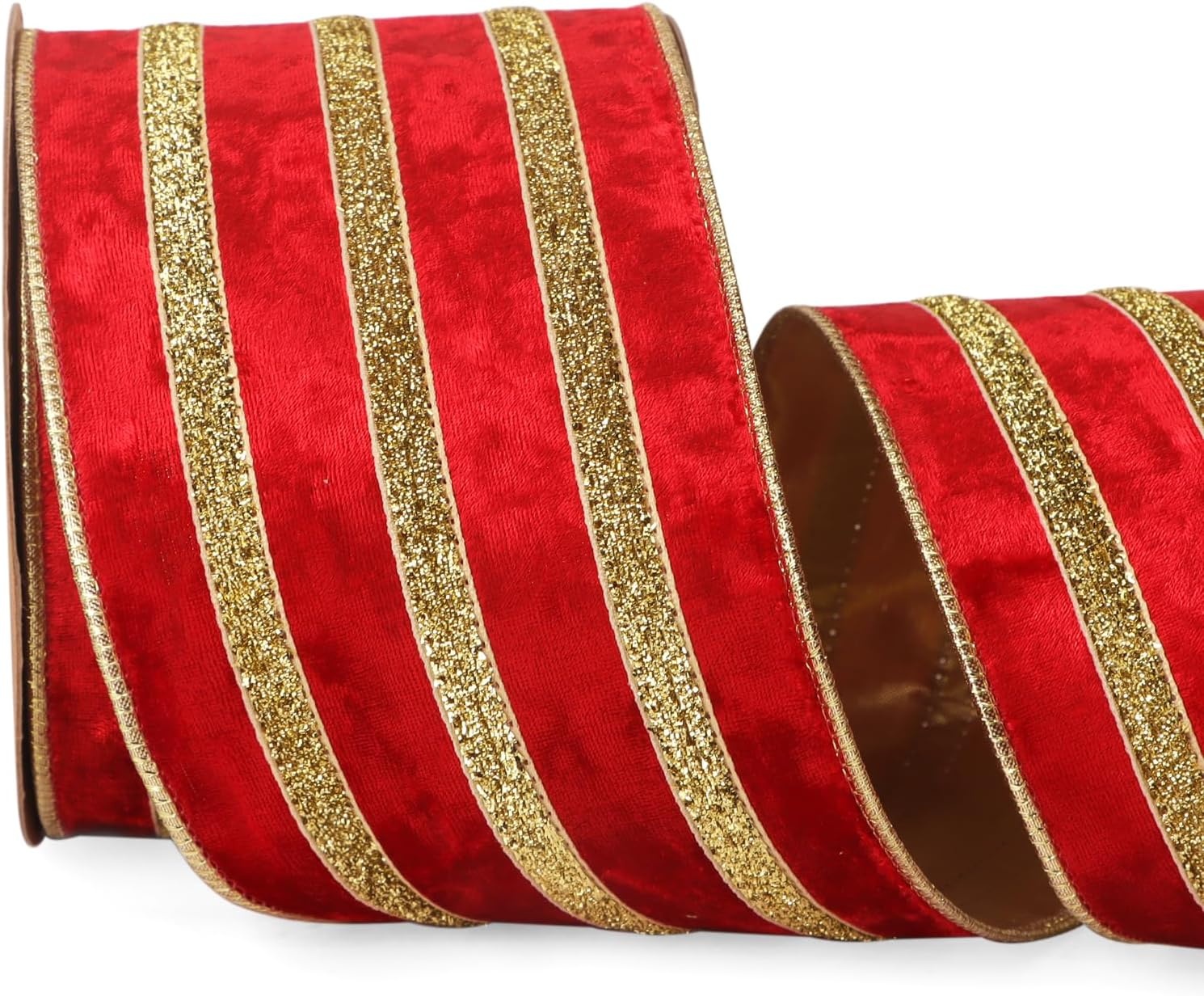 Ribbli Light Champagne Velvet Wired Ribbon with Gold Sparkling Stripe 2.5 Inch Christmas Ribbon for Tree Gift Wrapping Wreaths Garland Topper Bows Crafts Home Decor -10 Yards(Red)