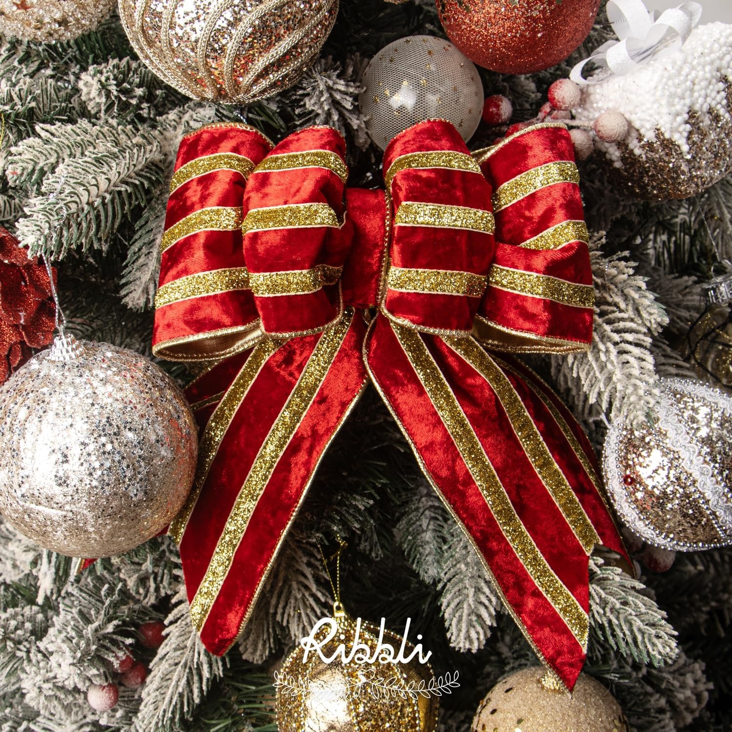 Ribbli Light Champagne Velvet Wired Ribbon with Gold Sparkling Stripe 2.5 Inch Christmas Ribbon for Tree Gift Wrapping Wreaths Garland Topper Bows Crafts Home Decor -10 Yards(Red)