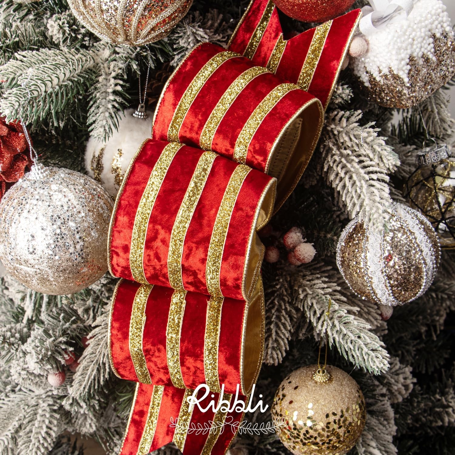 Ribbli Light Champagne Velvet Wired Ribbon with Gold Sparkling Stripe 2.5 Inch Christmas Ribbon for Tree Gift Wrapping Wreaths Garland Topper Bows Crafts Home Decor -10 Yards(Red)