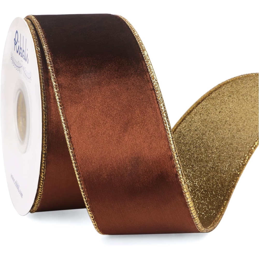Ribbli Moss Green Velvet Ribbon Wired 2.5 Inch Glossy Velvet with Gold Glitter Christmas Ribbon for Christmas Tree Decoration Big Bow Gift Wrapping Crafts Wreaths Supplies – Continuous 10 Yards(Brown)