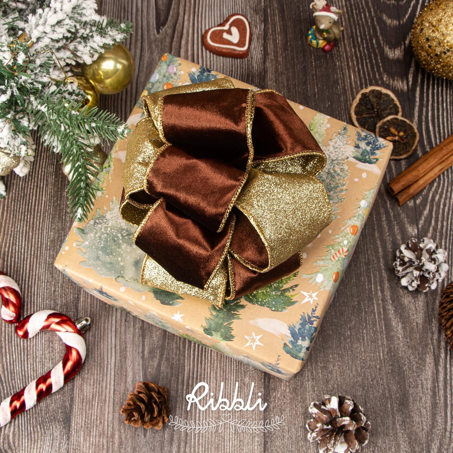 Ribbli Moss Green Velvet Ribbon Wired 2.5 Inch Glossy Velvet with Gold Glitter Christmas Ribbon for Christmas Tree Decoration Big Bow Gift Wrapping Crafts Wreaths Supplies – Continuous 10 Yards(Brown)