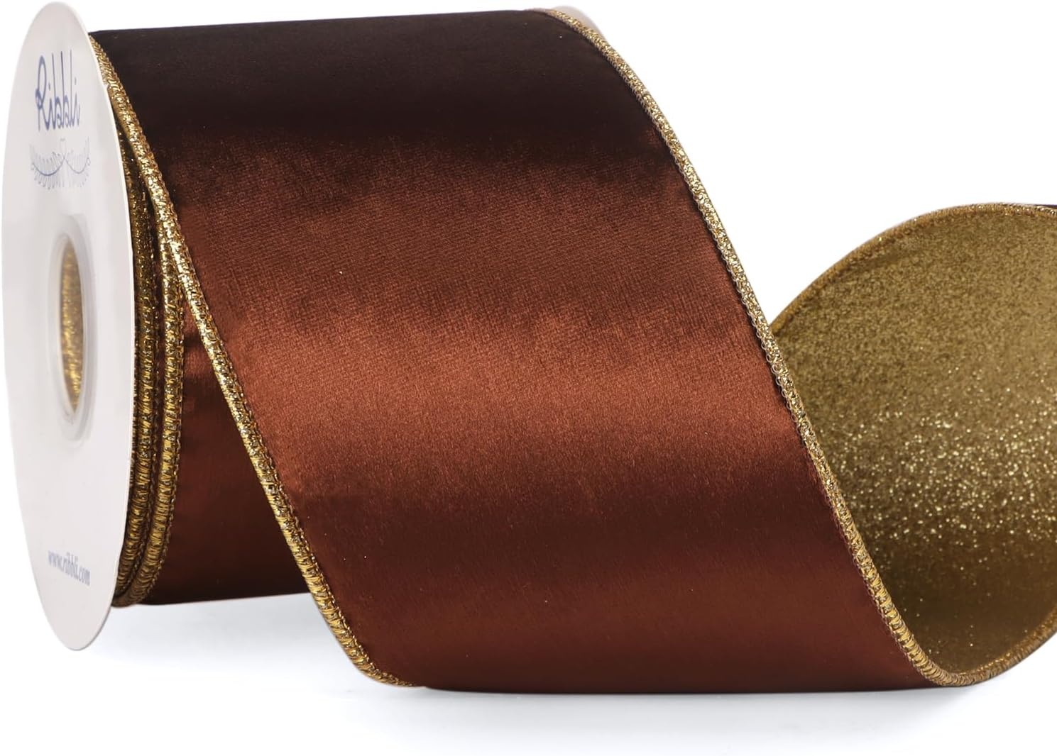 Ribbli Moss Green Velvet Ribbon Wired 2.5 Inch Glossy Velvet with Gold Glitter Christmas Ribbon for Christmas Tree Decoration Big Bow Gift Wrapping Crafts Wreaths Supplies – Continuous 10 Yards(Brown)