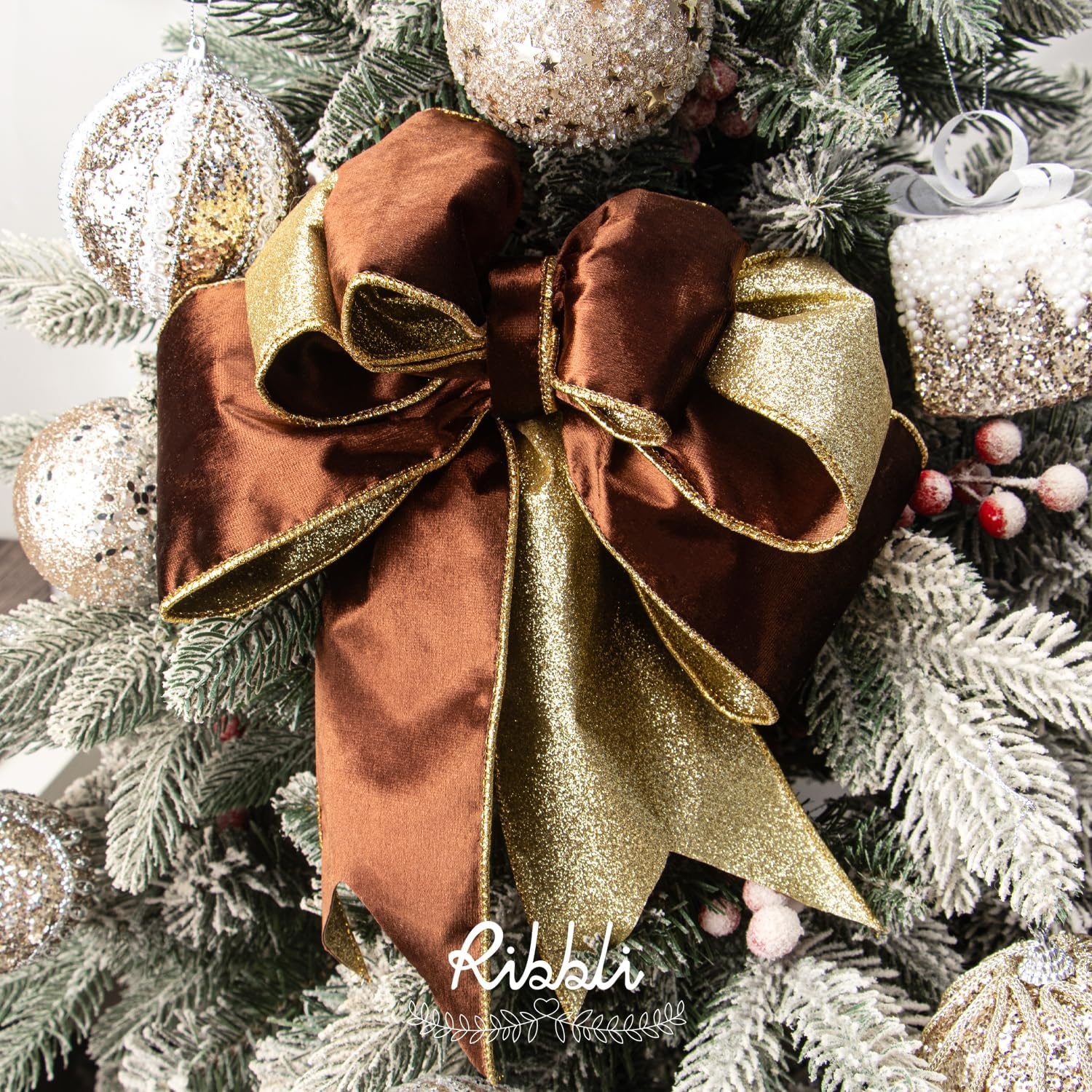 Ribbli Moss Green Velvet Ribbon Wired 2.5 Inch Glossy Velvet with Gold Glitter Christmas Ribbon for Christmas Tree Decoration Big Bow Gift Wrapping Crafts Wreaths Supplies – Continuous 10 Yards(Brown)