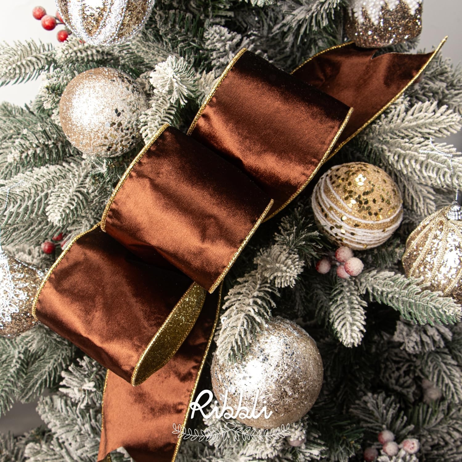 Ribbli Moss Green Velvet Ribbon Wired 2.5 Inch Glossy Velvet with Gold Glitter Christmas Ribbon for Christmas Tree Decoration Big Bow Gift Wrapping Crafts Wreaths Supplies – Continuous 10 Yards(Brown)