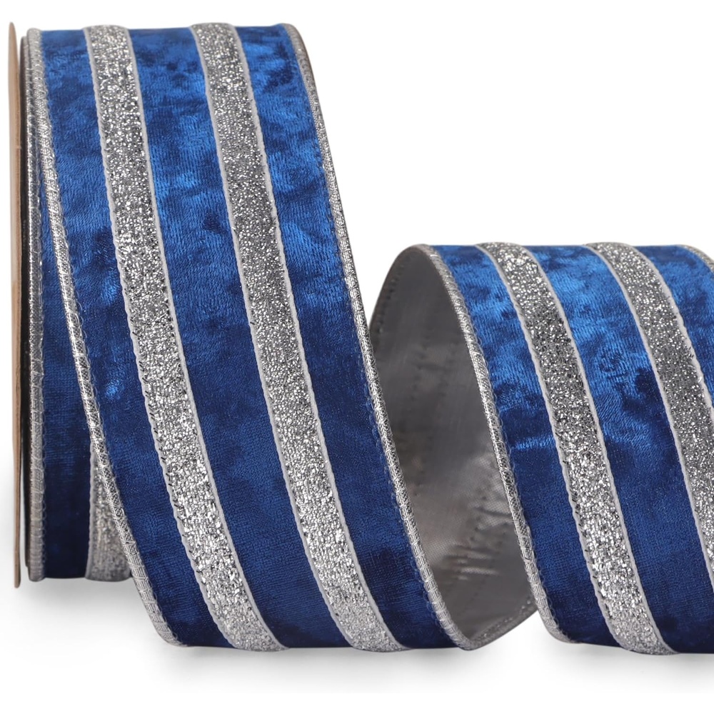 Ribbli Light Champagne Velvet Wired Ribbon with Gold Sparkling Stripe 2.5 Inch Christmas Ribbon for Tree Gift Wrapping Wreaths Garland Topper Bows Crafts Home Decor -10 Yards(Royal Blue)