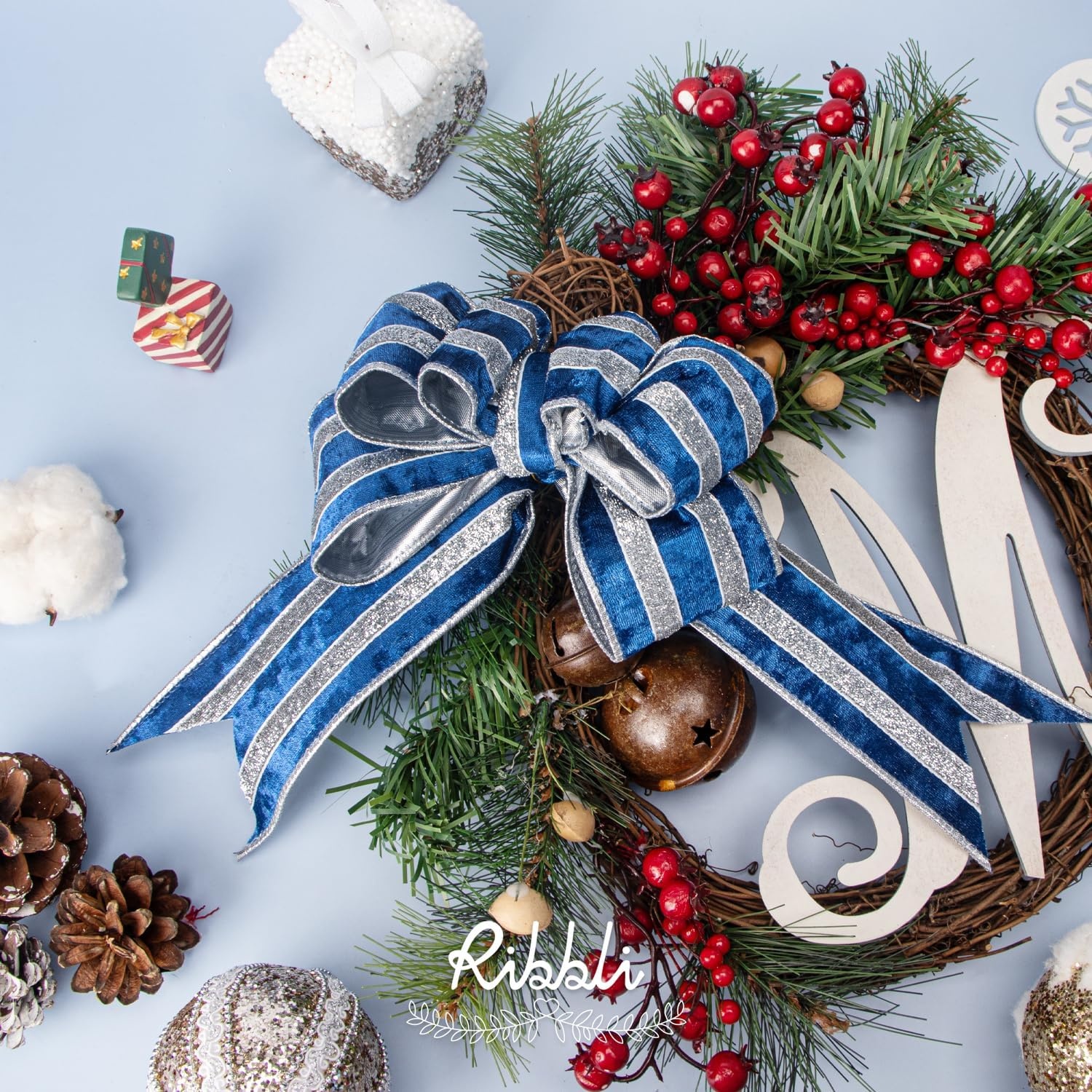 Ribbli Light Champagne Velvet Wired Ribbon with Gold Sparkling Stripe 2.5 Inch Christmas Ribbon for Tree Gift Wrapping Wreaths Garland Topper Bows Crafts Home Decor -10 Yards(Royal Blue)