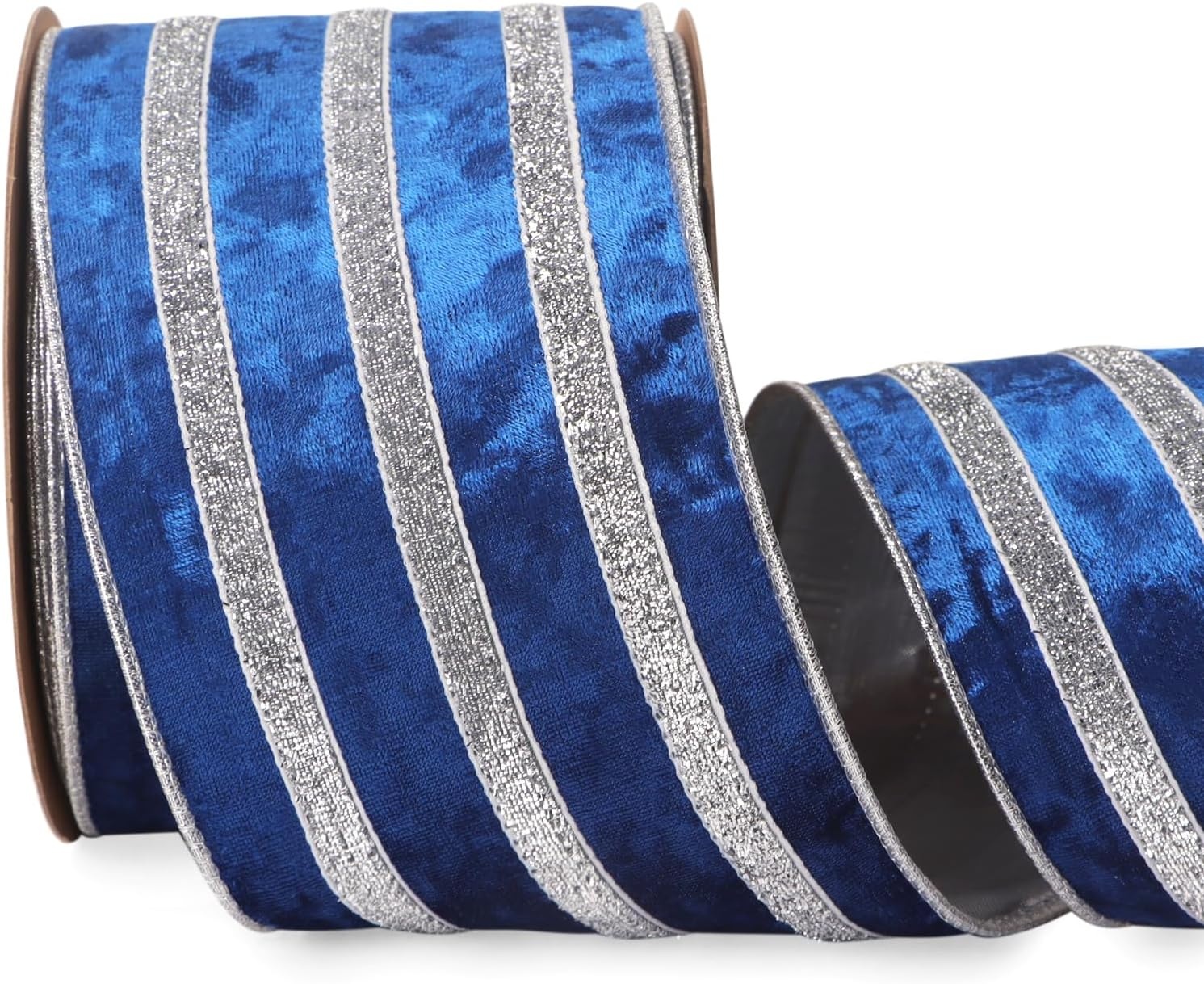 Ribbli Light Champagne Velvet Wired Ribbon with Gold Sparkling Stripe 2.5 Inch Christmas Ribbon for Tree Gift Wrapping Wreaths Garland Topper Bows Crafts Home Decor -10 Yards(Royal Blue)